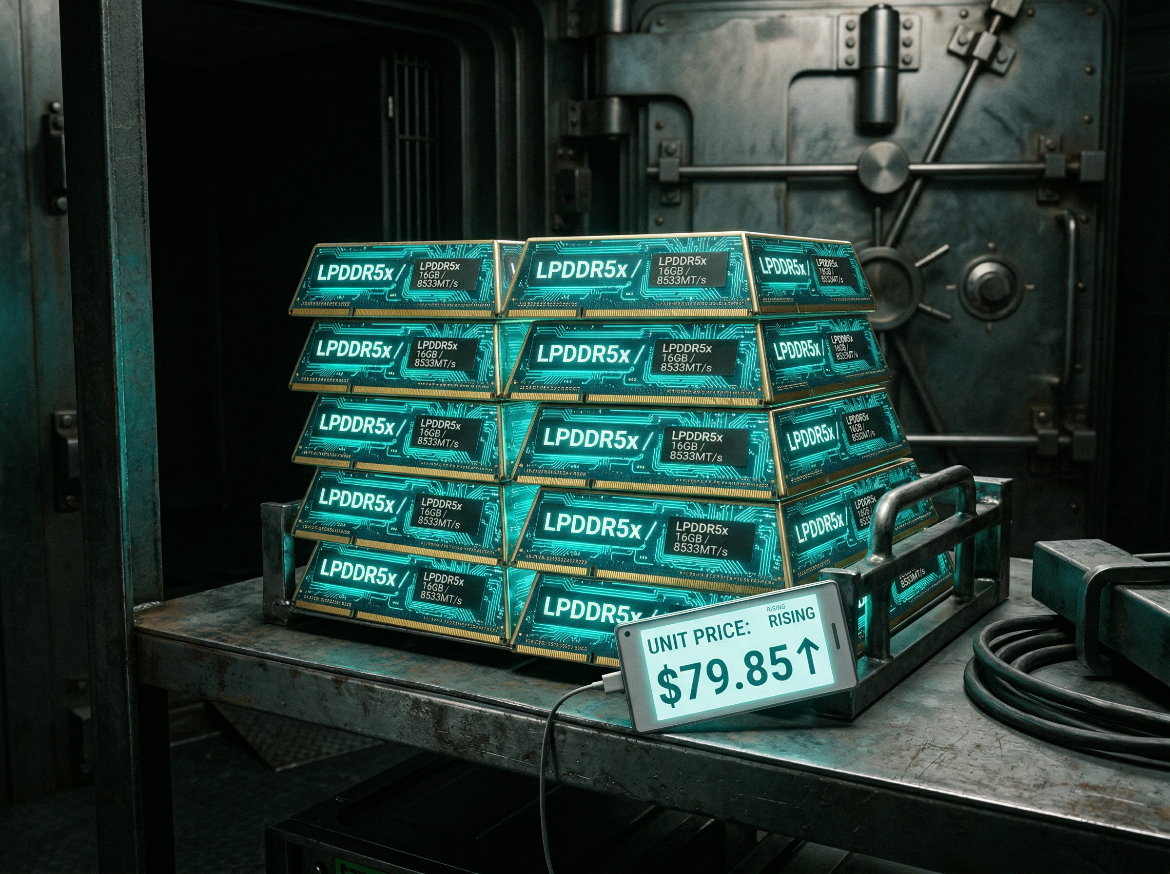 LPDDR5x memory chips stacked like precious commodities, reflecting the supply constraints driving price increases