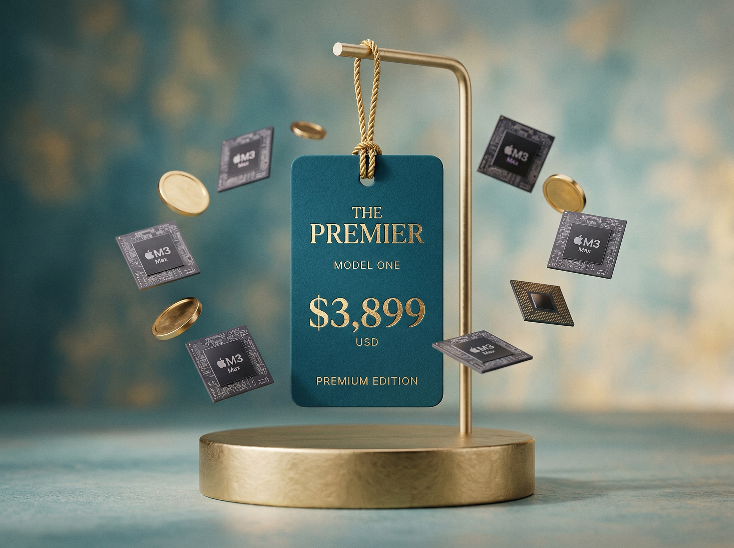 Premium price tag on minimalist pedestal surrounded by floating silicon chips