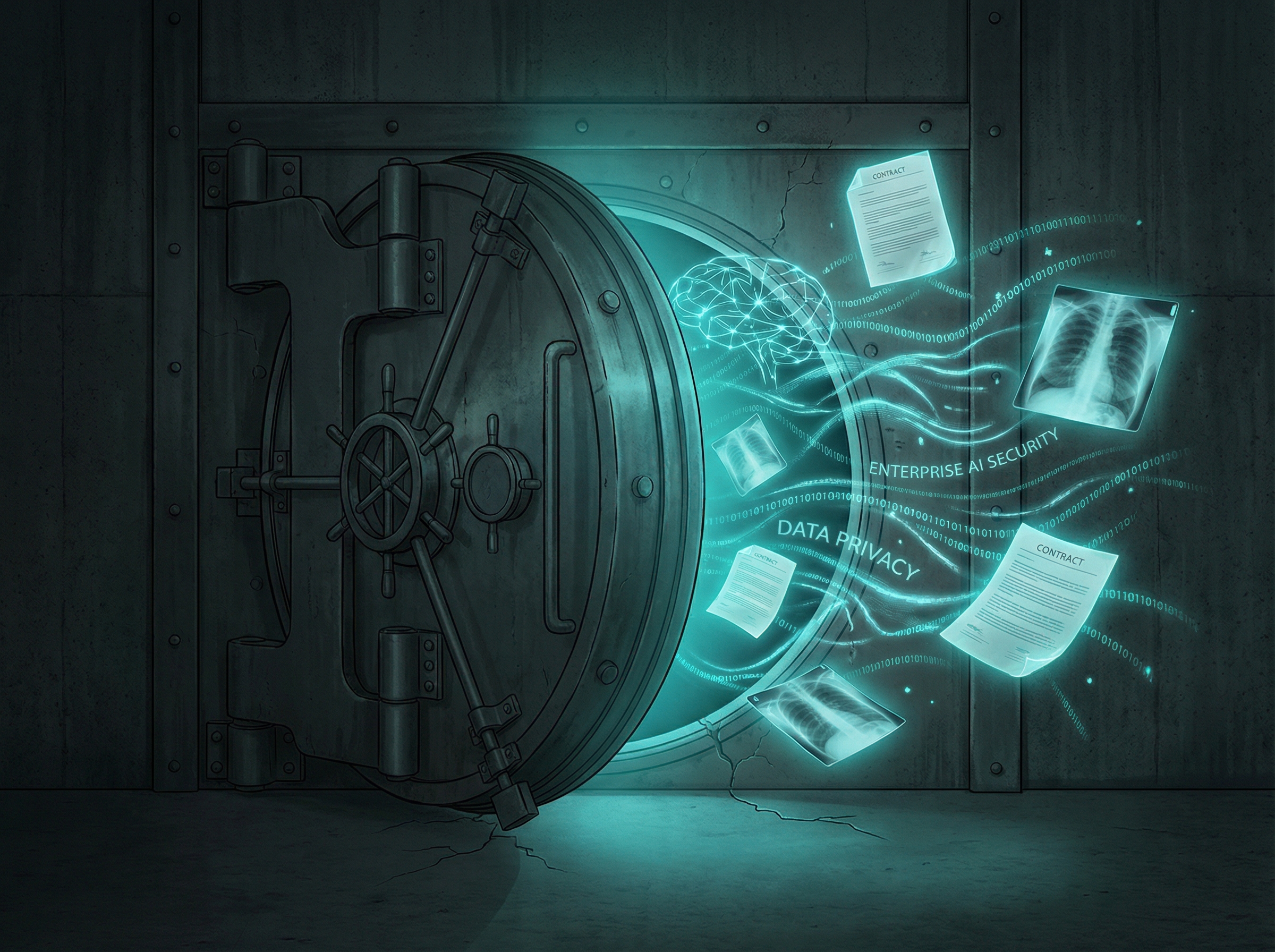 Vault door ajar revealing neural network patterns, symbolizing enterprise data privacy