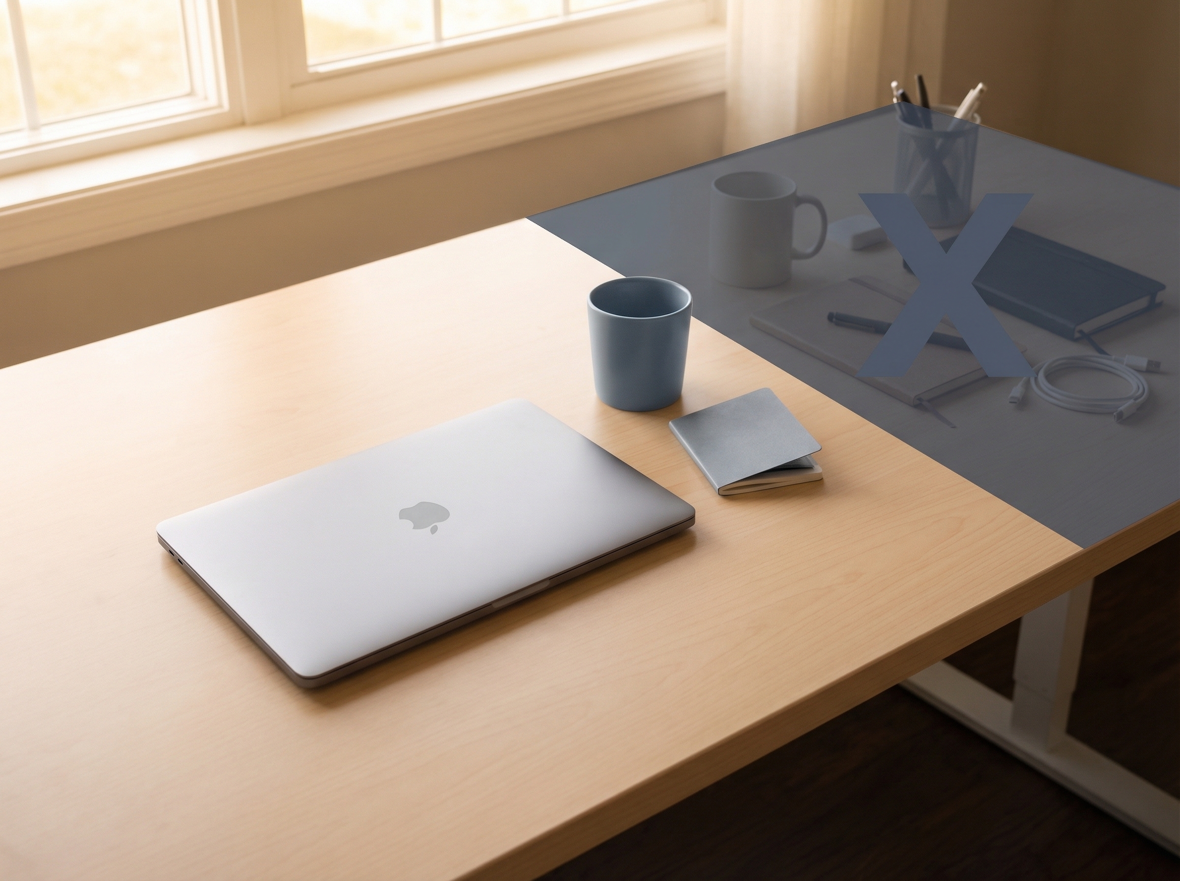 Minimalist workspace with single device, representing Jobs' focus philosophy