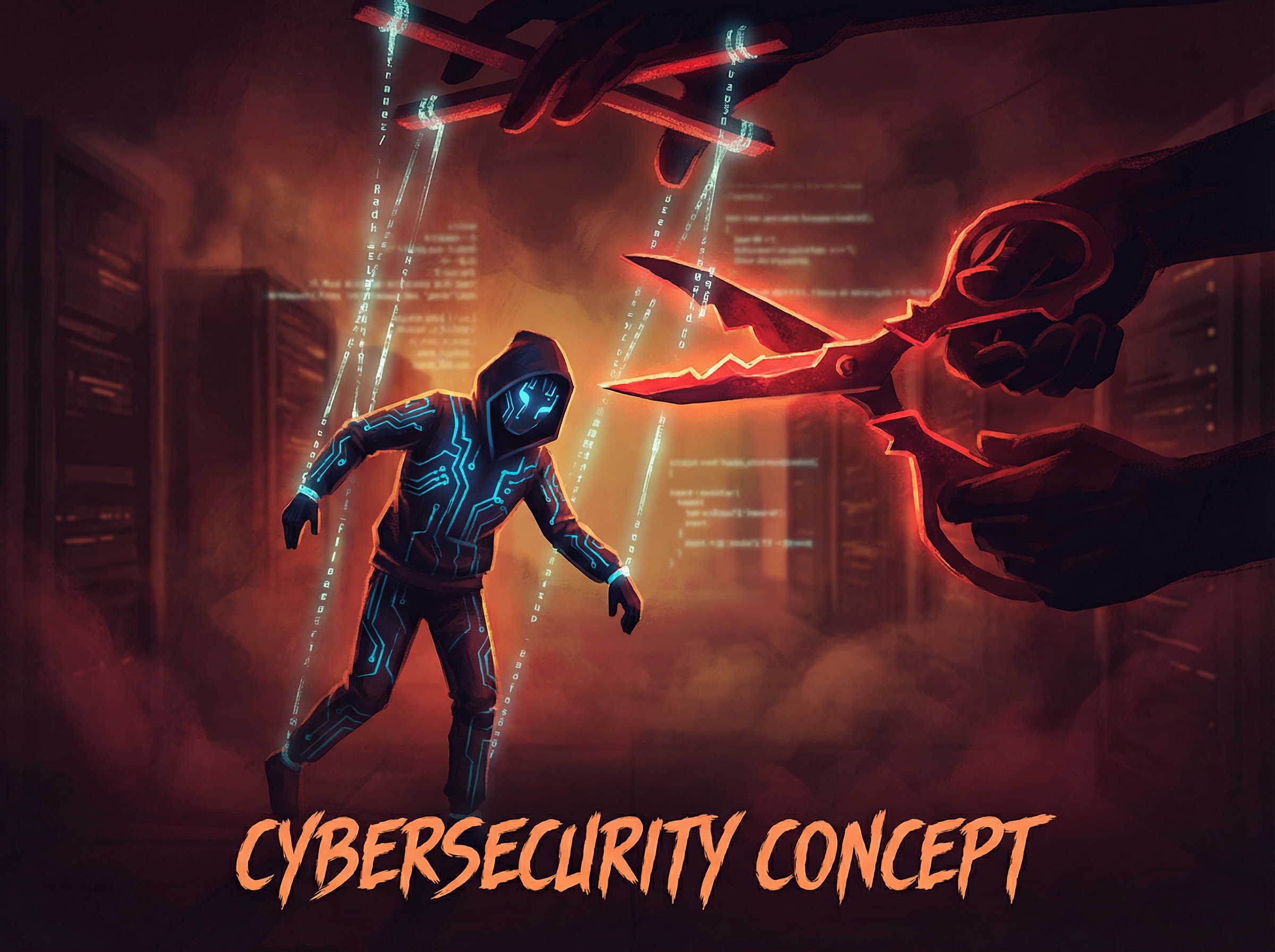 An AI brain infiltrated by thin red threads from a webpage, cybersecurity illustration