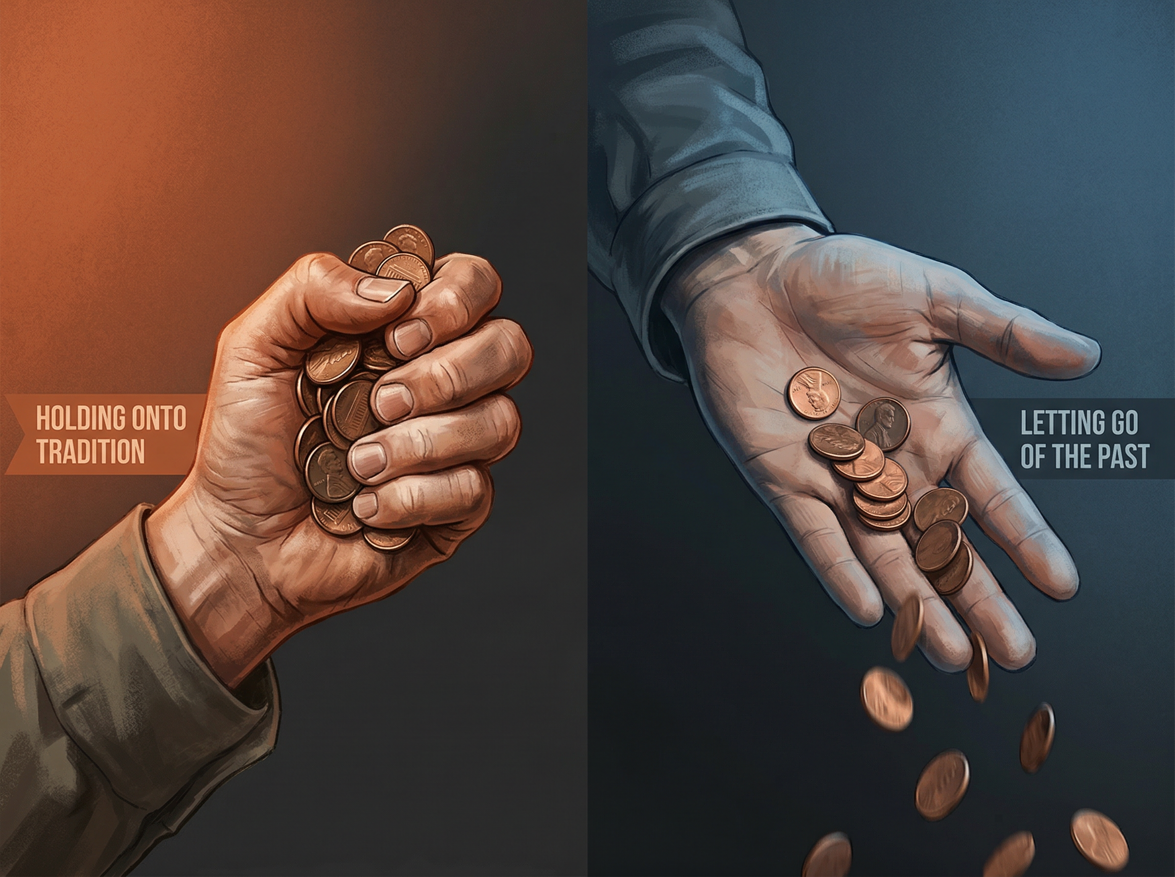 Two hands diverging — one clutching pennies, the other releasing them — representing America's divided opinion on penny elimination