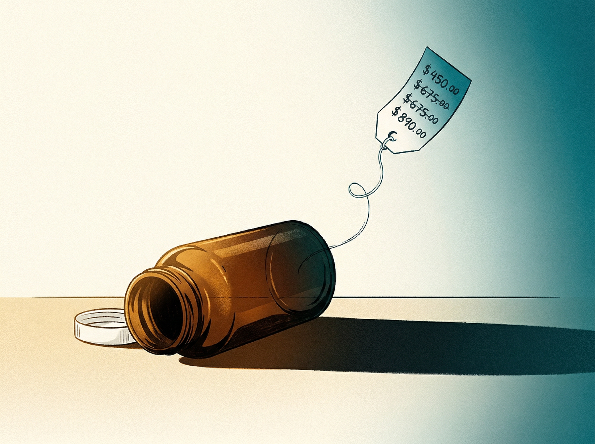 Empty medicine bottle casting long shadow, symbolizing drug shortage and rising costs