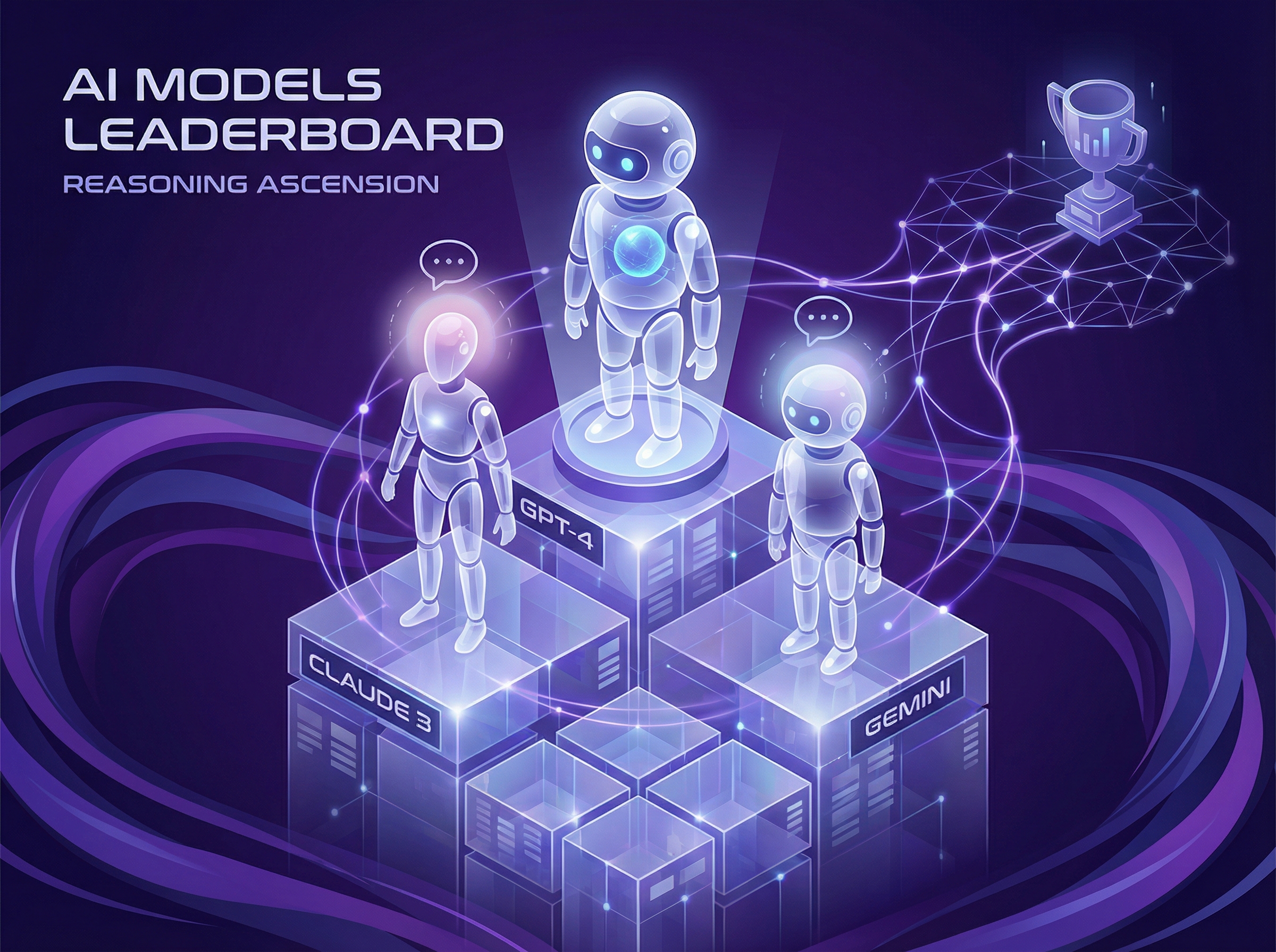 AI models competing on a crystalline leaderboard podium with neural network visualizations