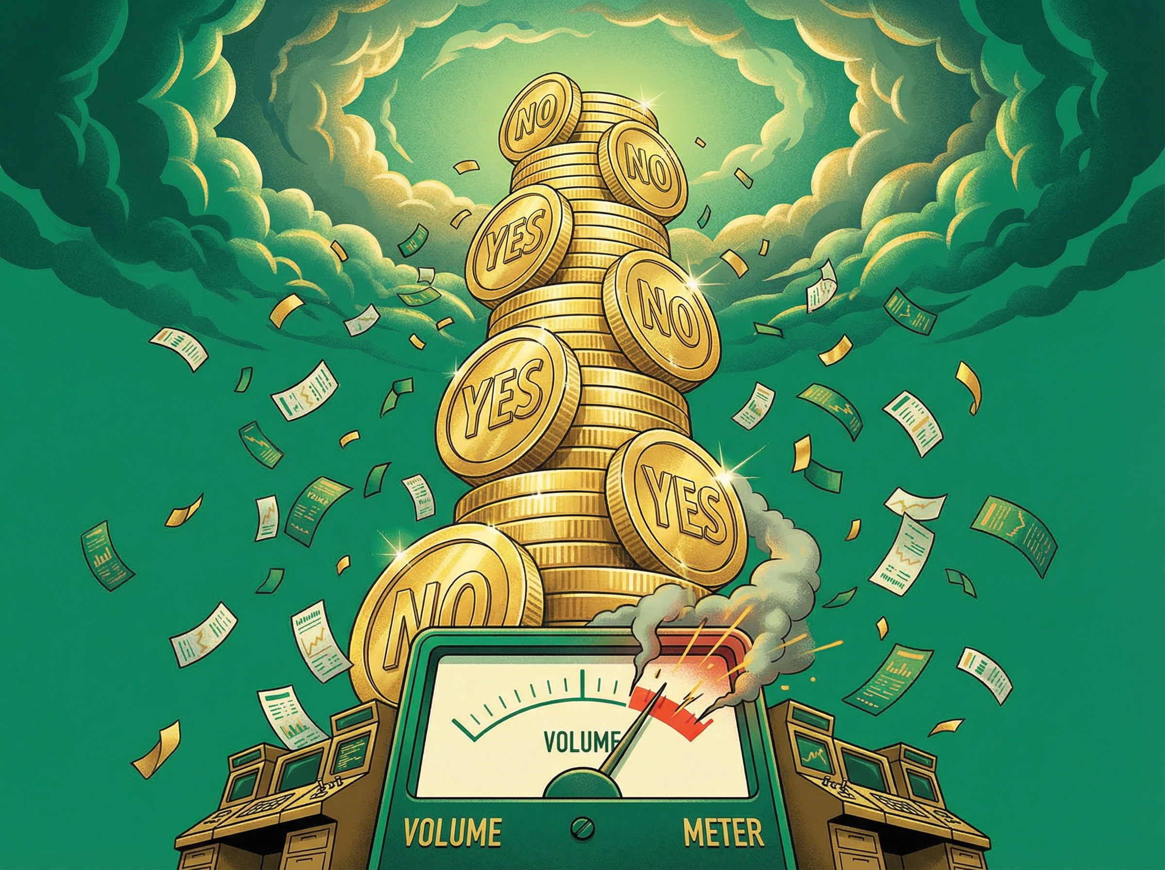 Towering stack of gold coins with YES/NO engravings reaching into the clouds