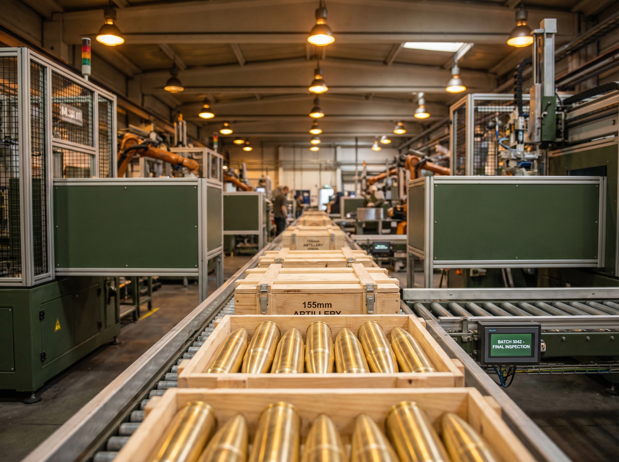 Brass artillery shells stacked in a modern ammunition factory under warm industrial lighting