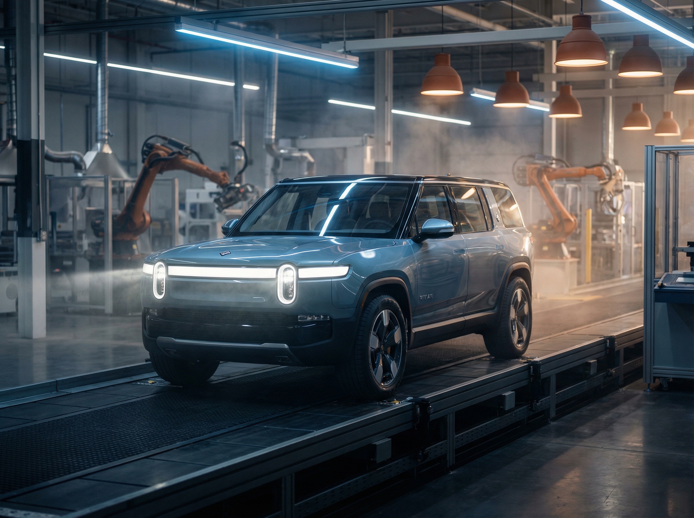 Rivian R2 emerging from factory assembly line