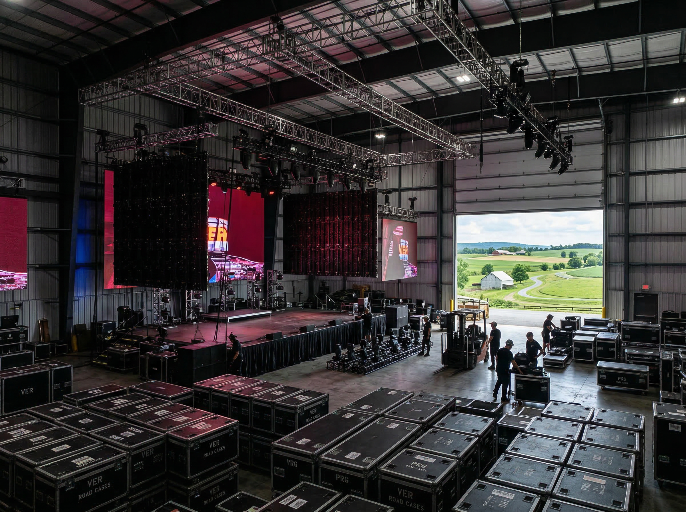 Concert production campus with LED walls and stage rigging, rural Pennsylvania visible through warehouse doors