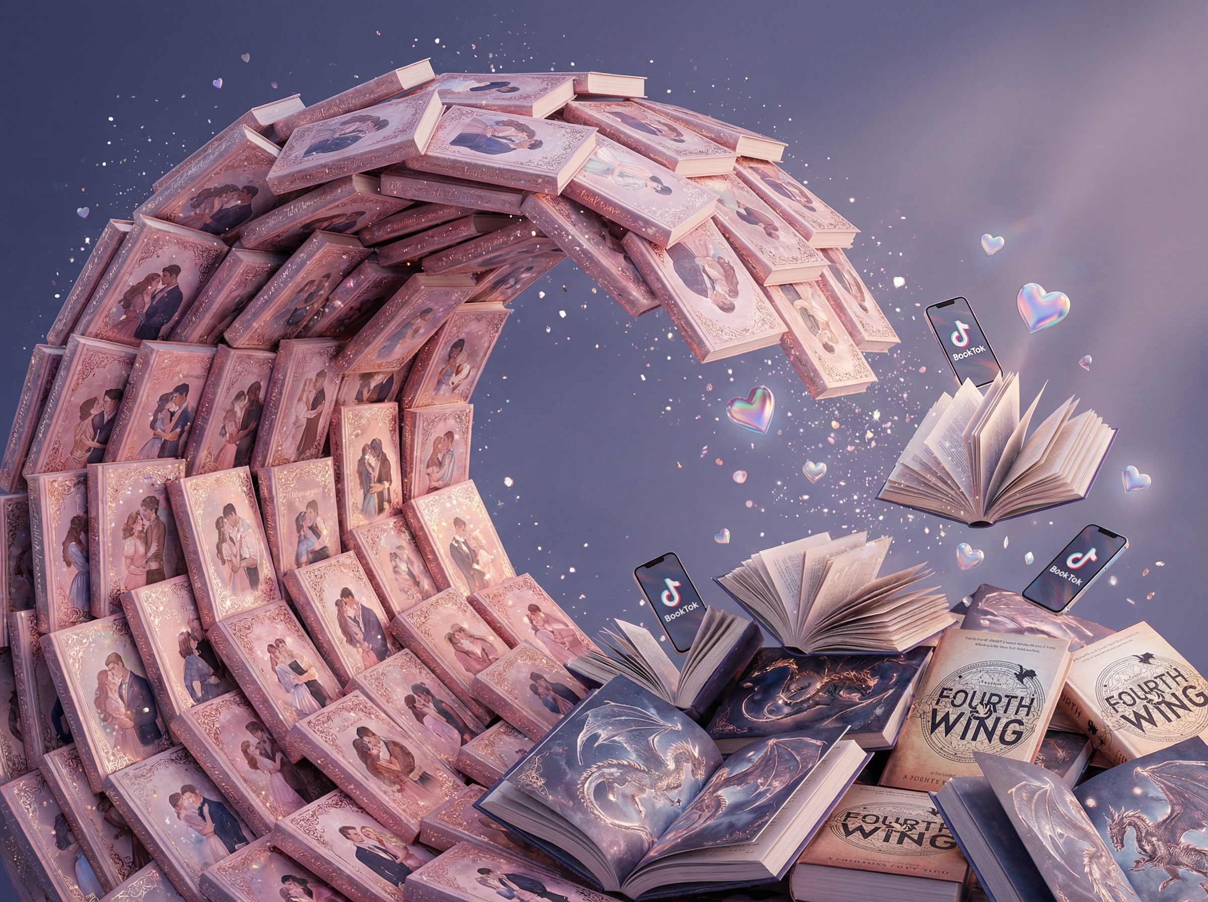 A wave of romance novel covers crashing into fantasy dragon imagery