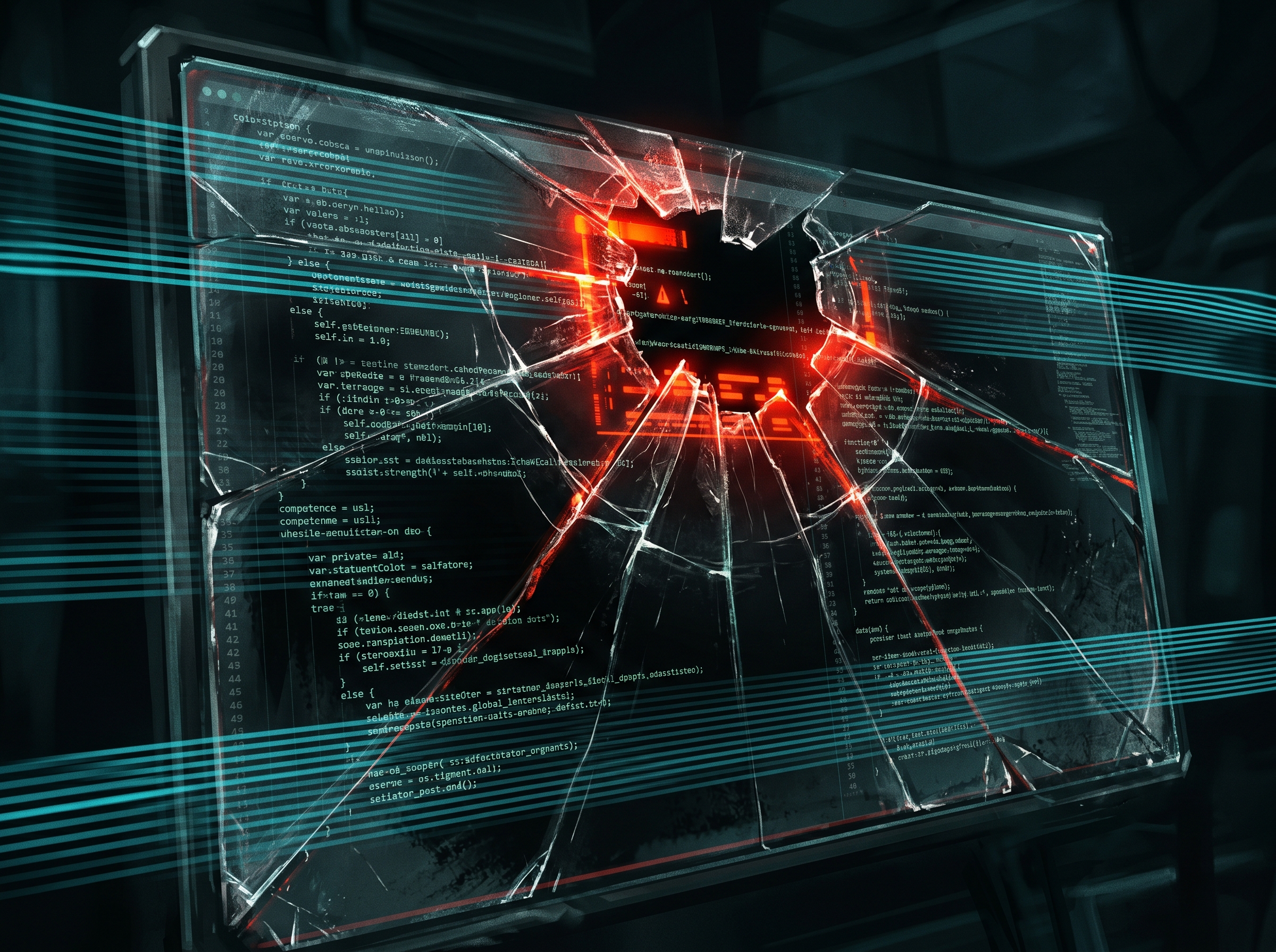 A cracked glass shield overlaying lines of code with red warning indicators