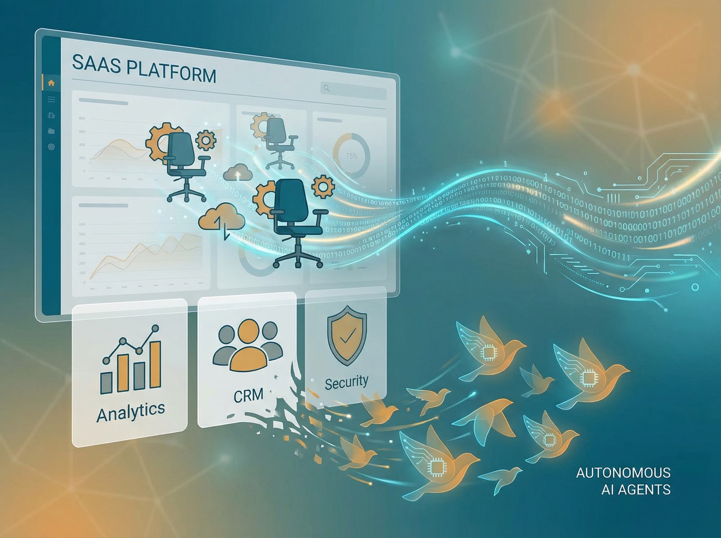 Abstract visualization of software license seats dissolving into streams of autonomous AI agent code