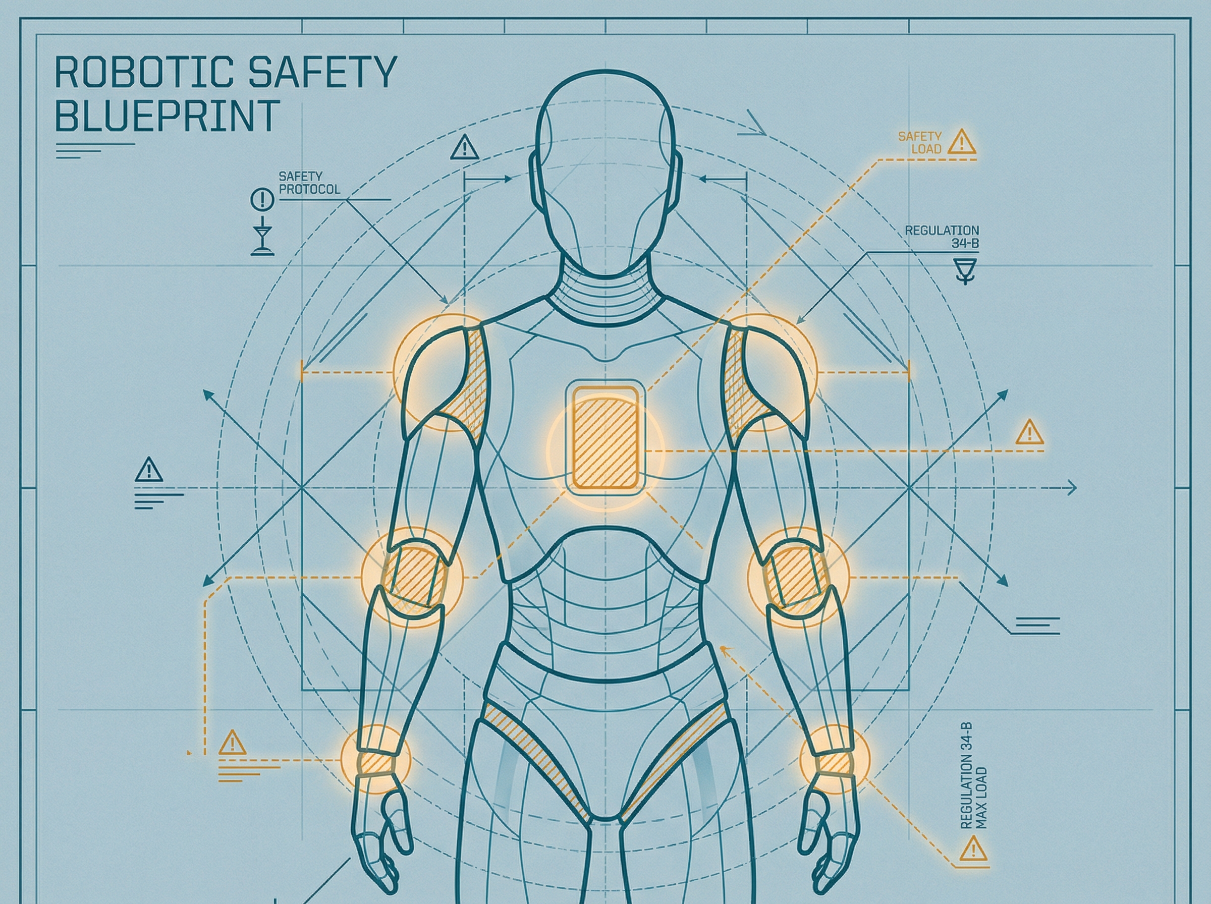 Abstract safety blueprint overlaid on a humanoid robot silhouette