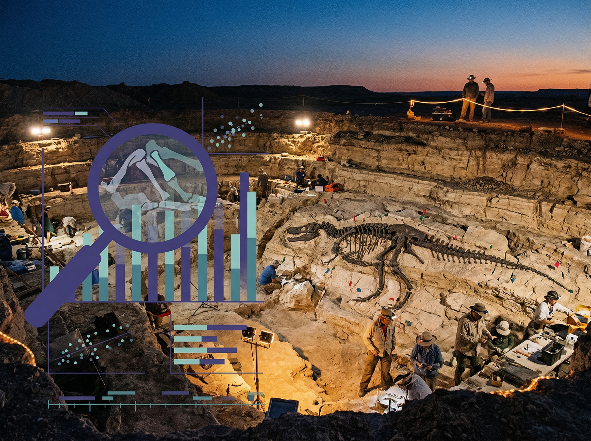 A vast fossil excavation site with exposed rock layers revealing preserved dinosaur bones, overlaid with analytical graphics