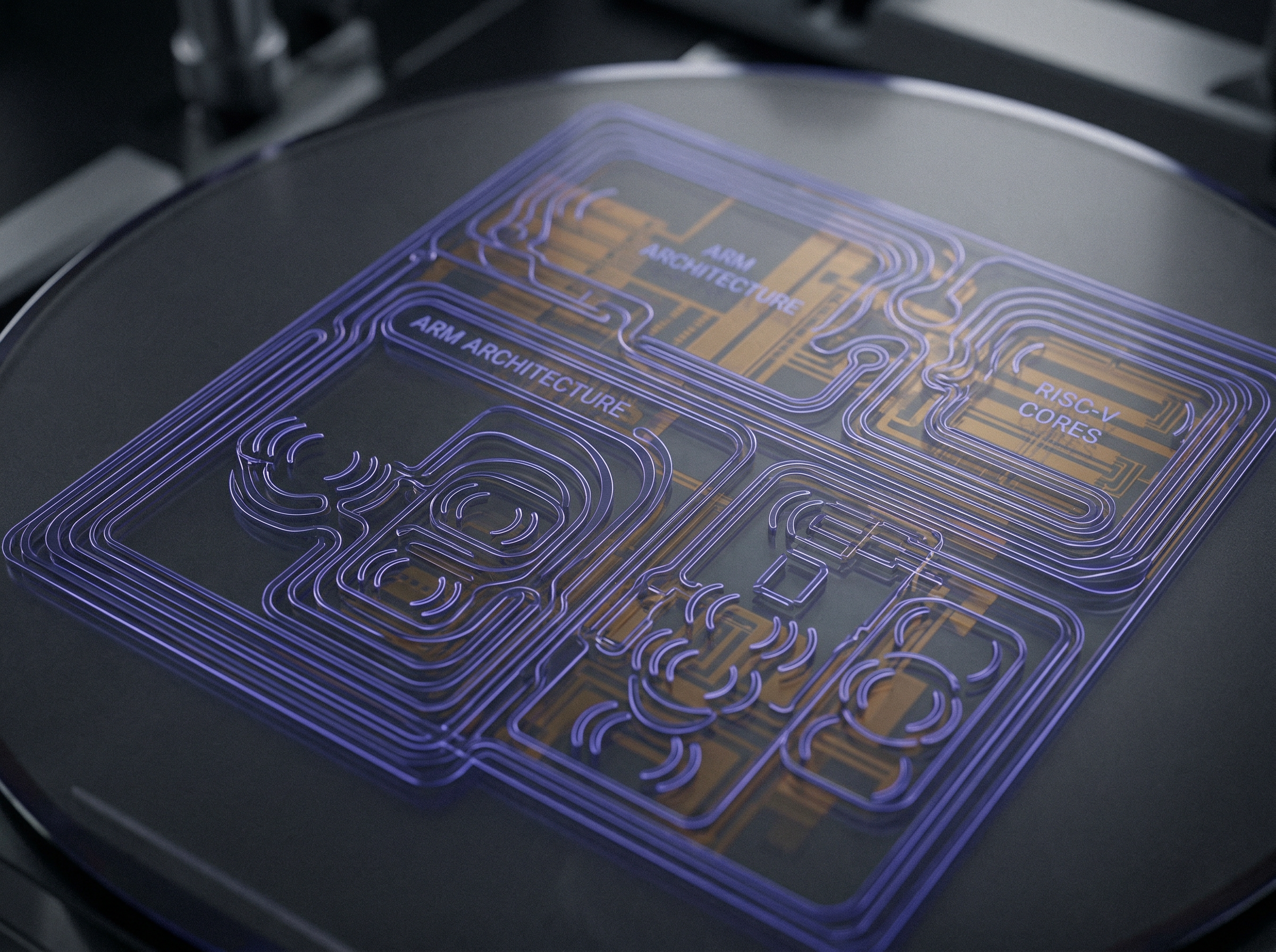 Silicon wafer with Lisp parentheses etched as glowing circuit traces across ARM and RISC-V architectures