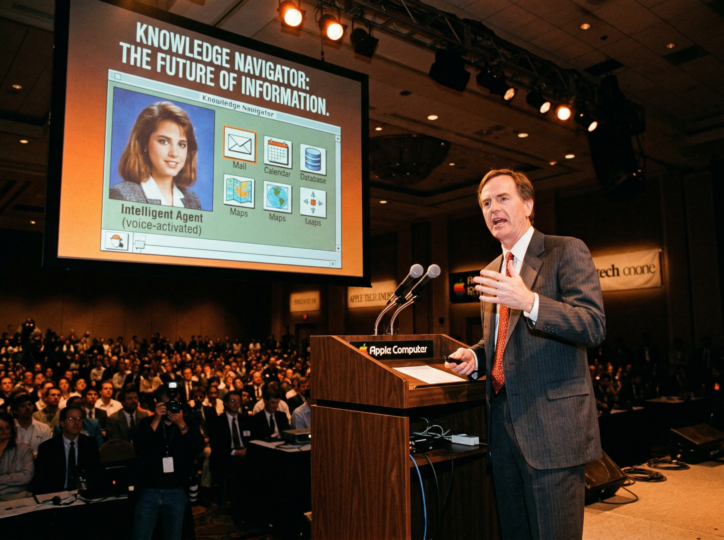 John Sculley presenting the Knowledge Navigator concept at a tech conference in the late 1980s