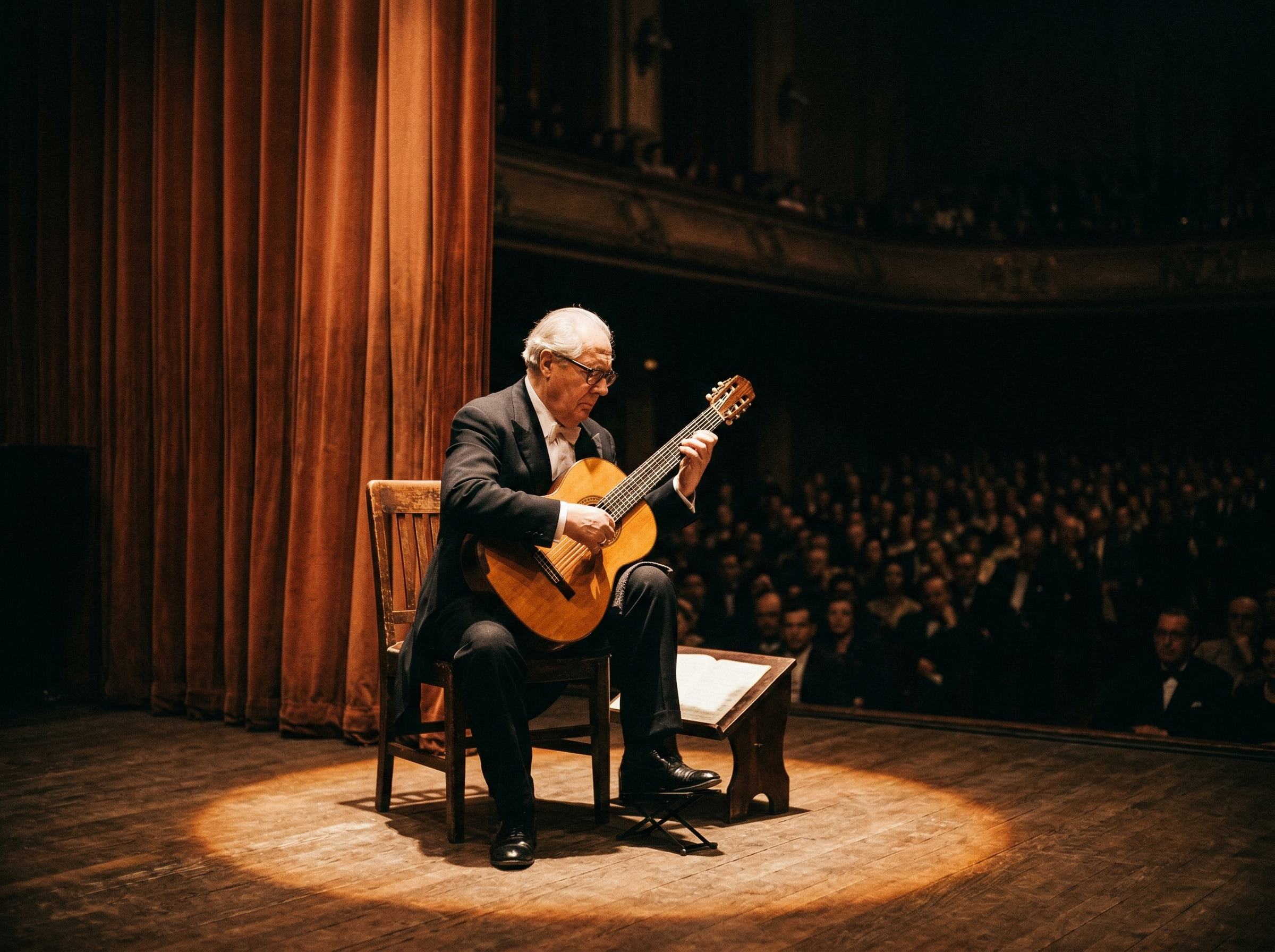 Andr&eacute;s Segovia performing under a single spotlight in a grand concert hall