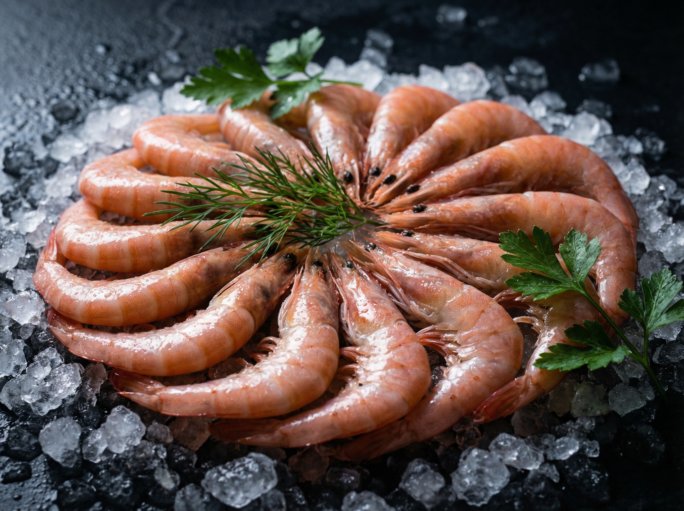 Fresh pink shrimp arranged on crushed ice