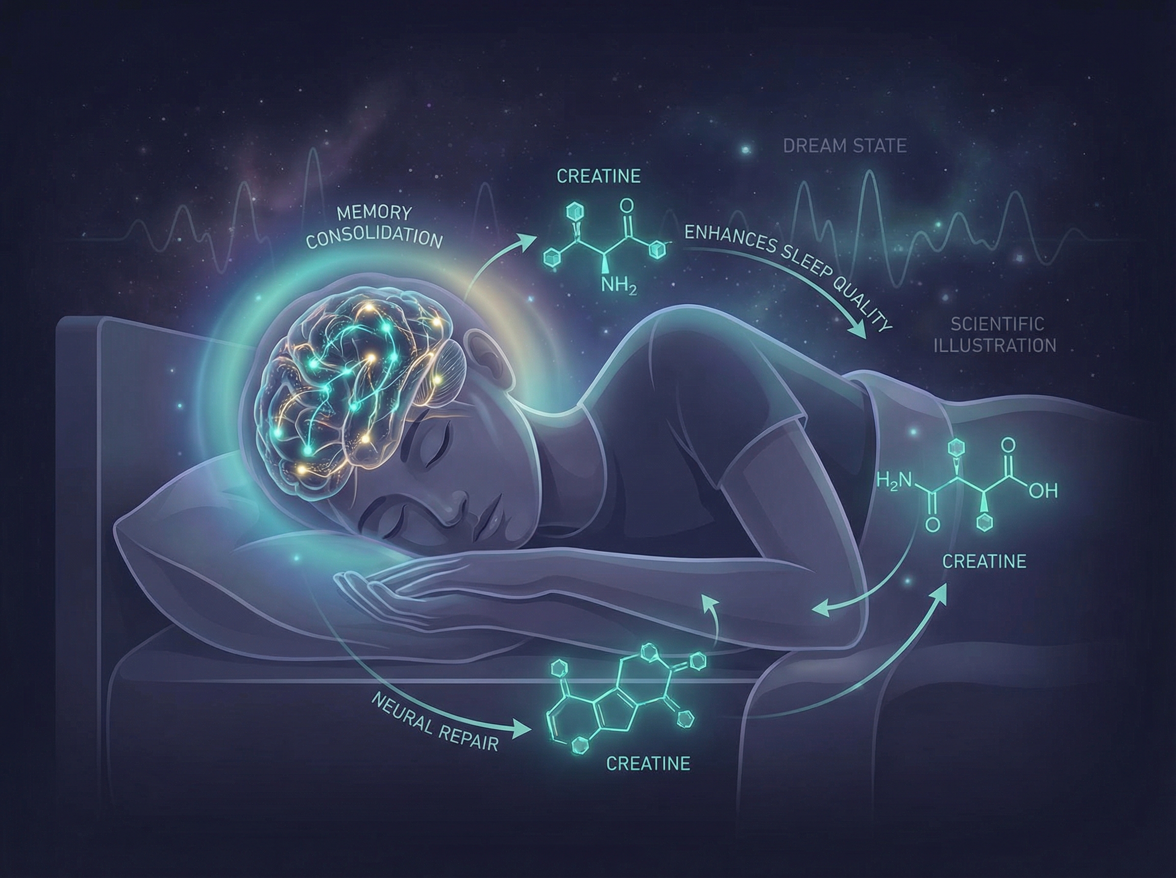 Scientific illustration of sleep and brain activity with creatine enhancement
