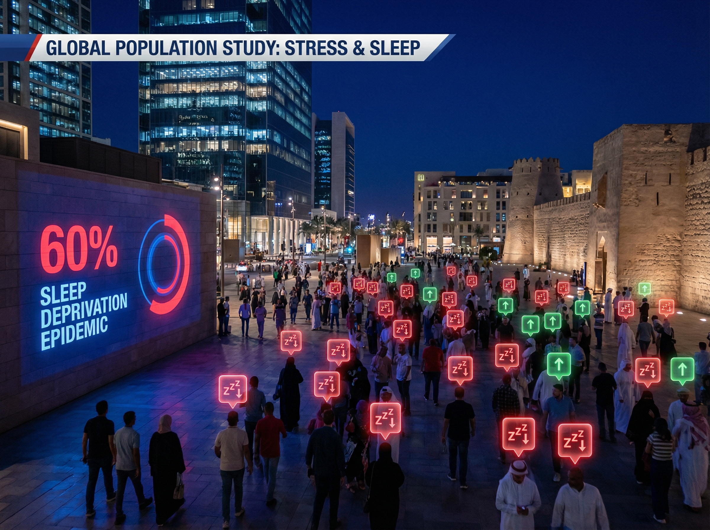 Population study visualization showing sleep quality indicators above diverse crowd in Middle Eastern cityscape