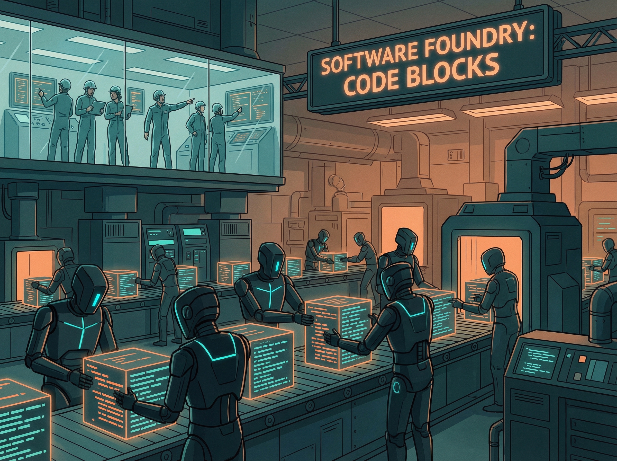 Autonomous robots assembling code blocks on a factory floor while human engineers watch from above