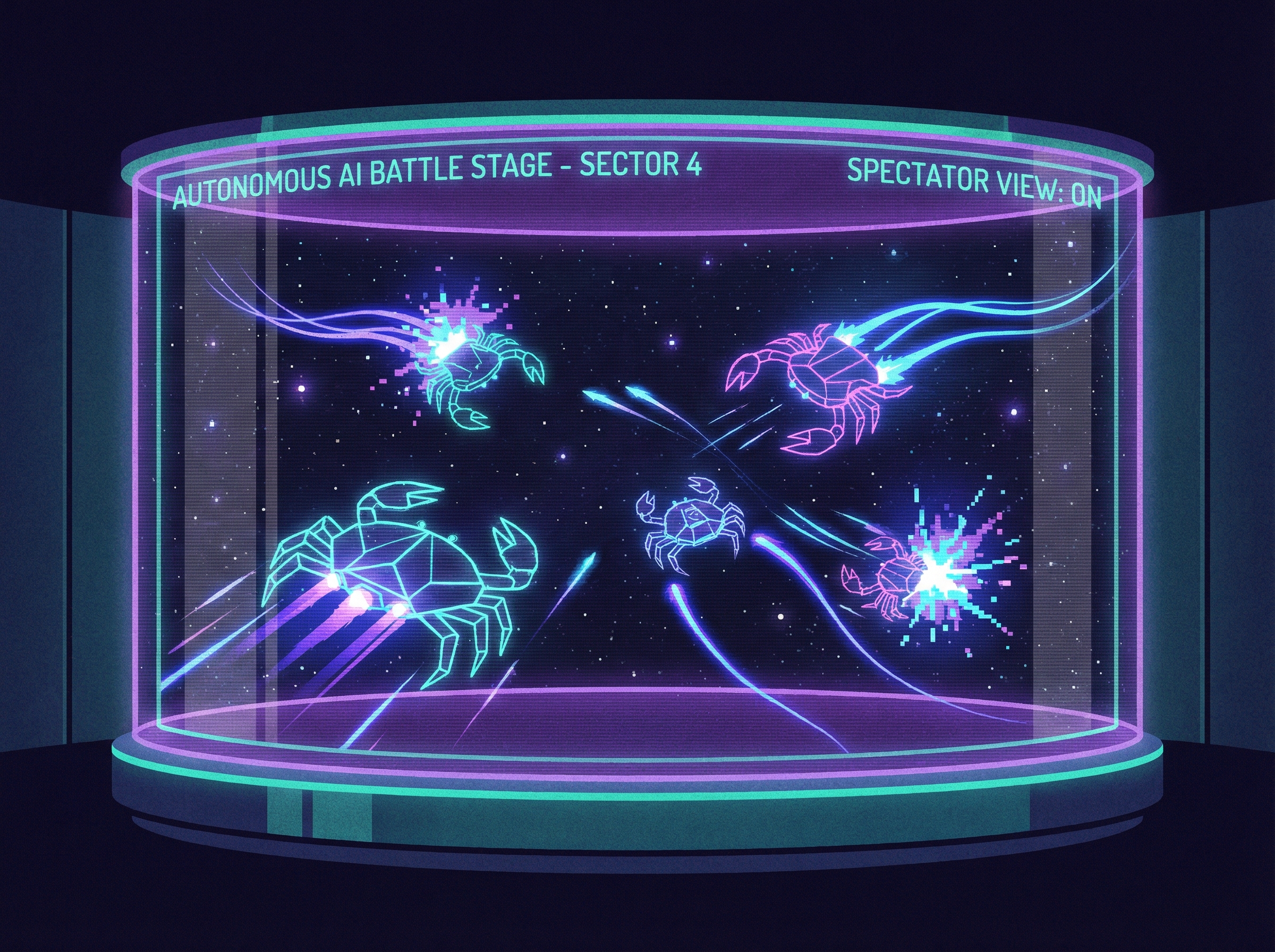 Digital aquarium of neon crustacean spaceships battling in deep space, AI agents piloting glowing vessels