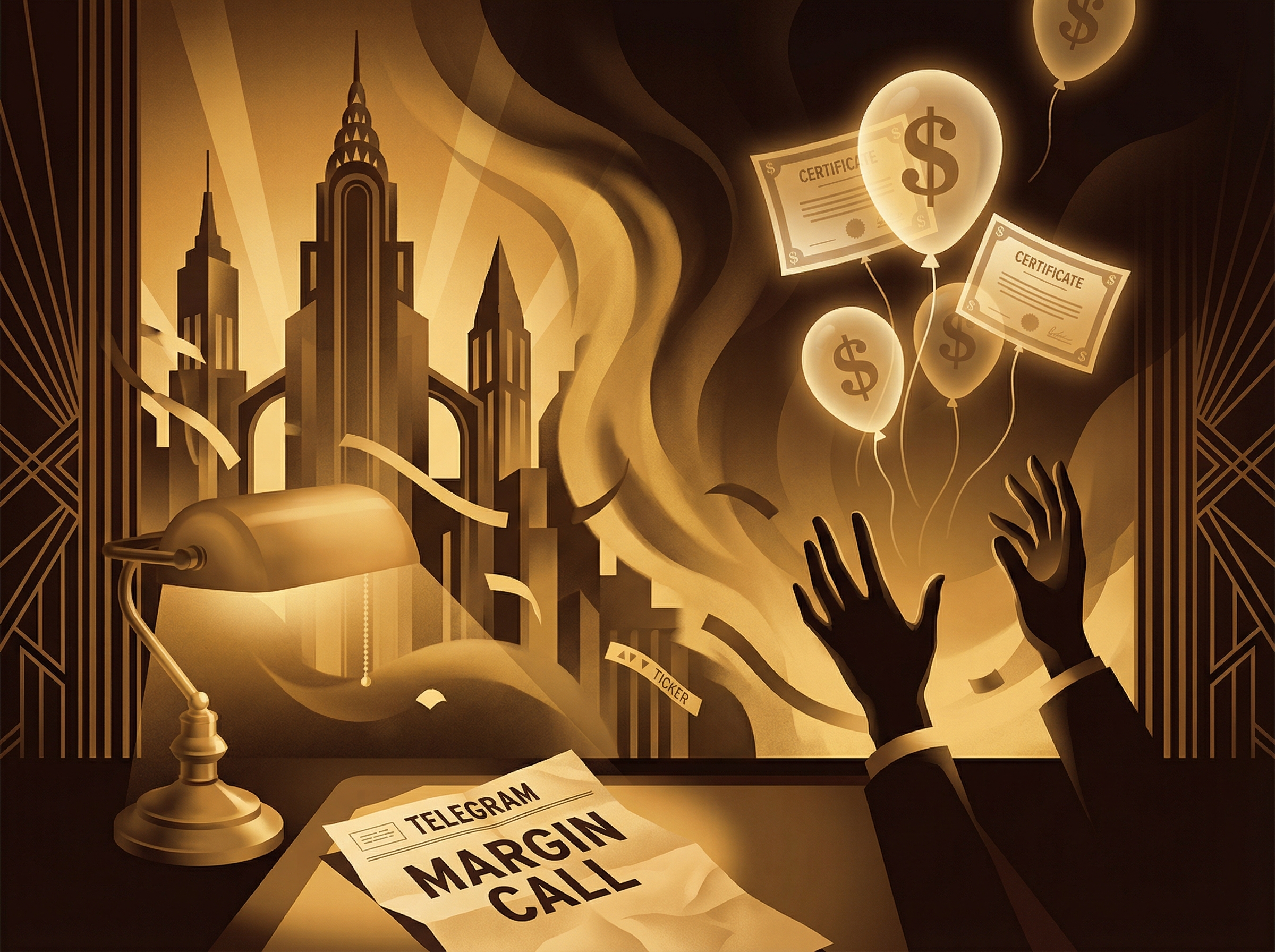 Hands reaching for stock certificates floating like balloons in golden light turning to shadow