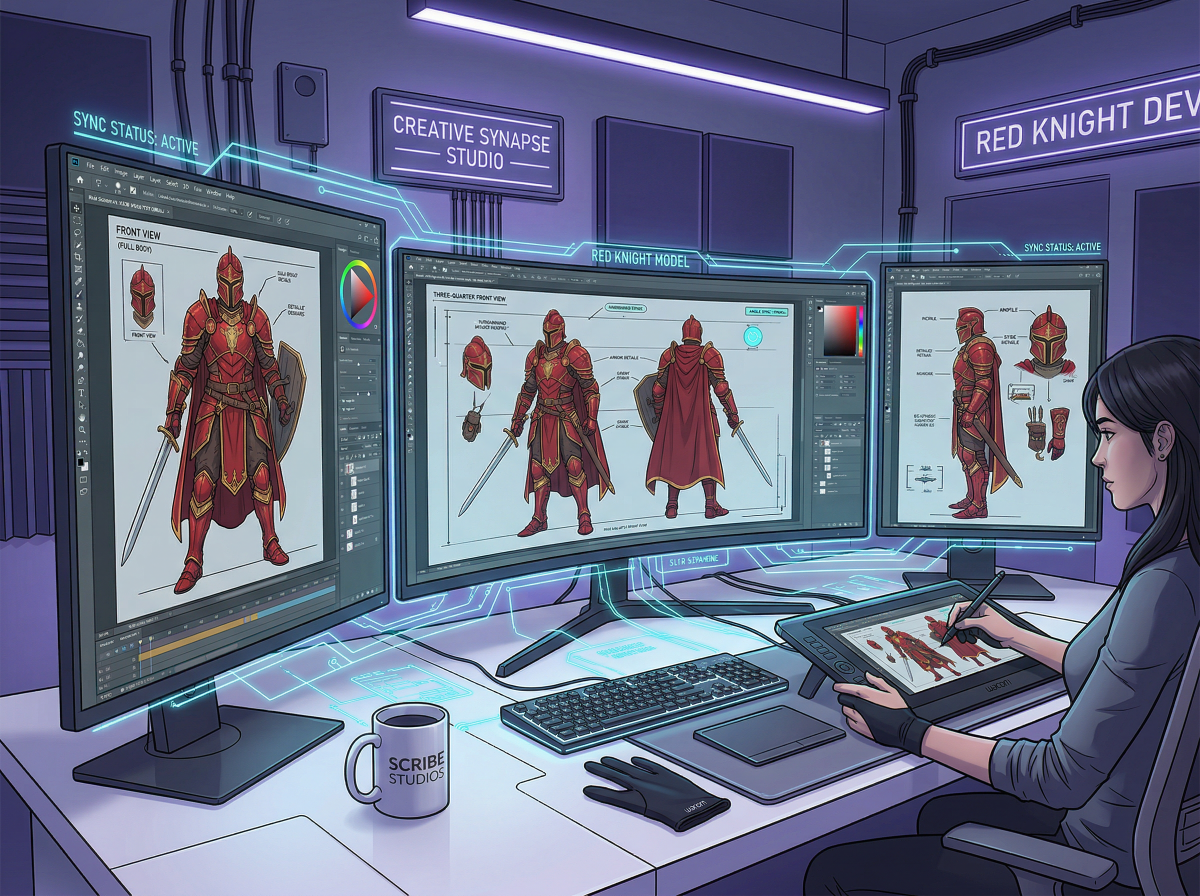 Professional storyboard workspace with synchronized character model sheets displayed across connected digital screens