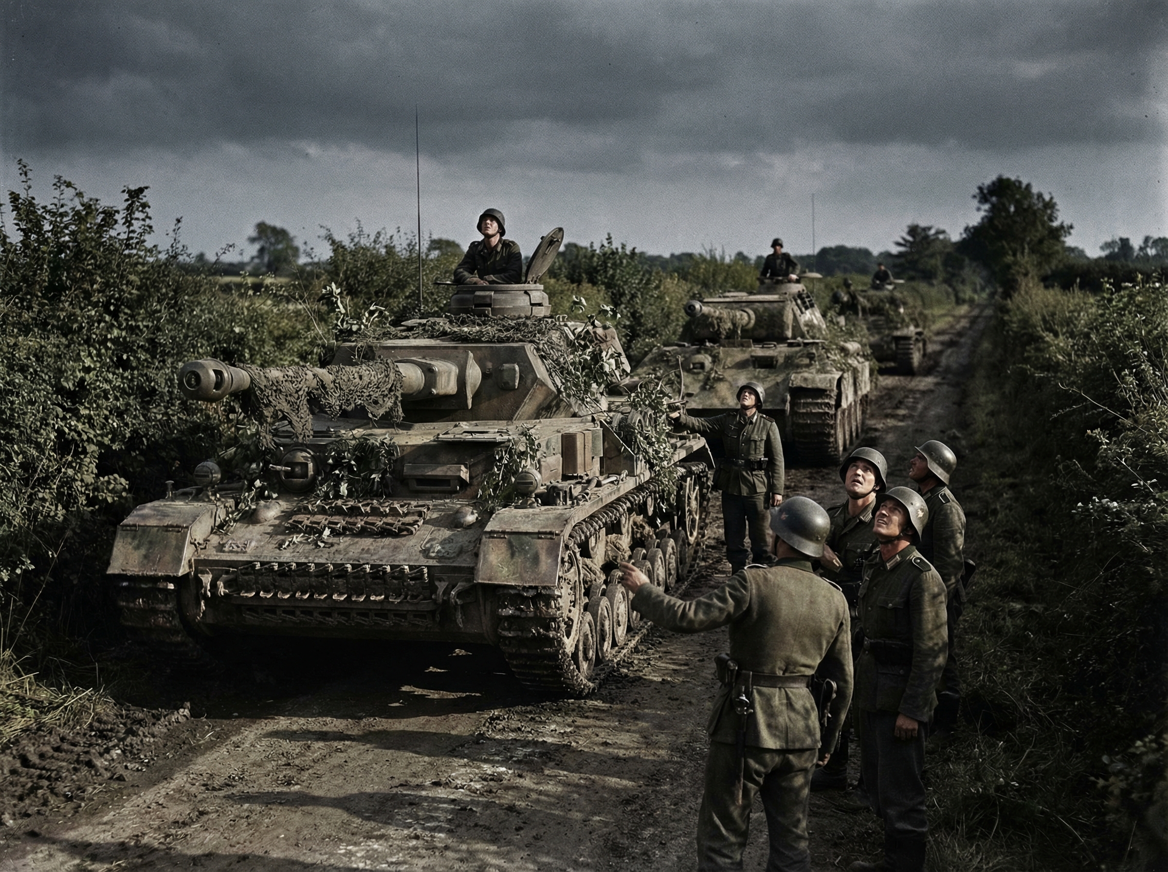 Military commanders gathered around war room table covered in invasion plans