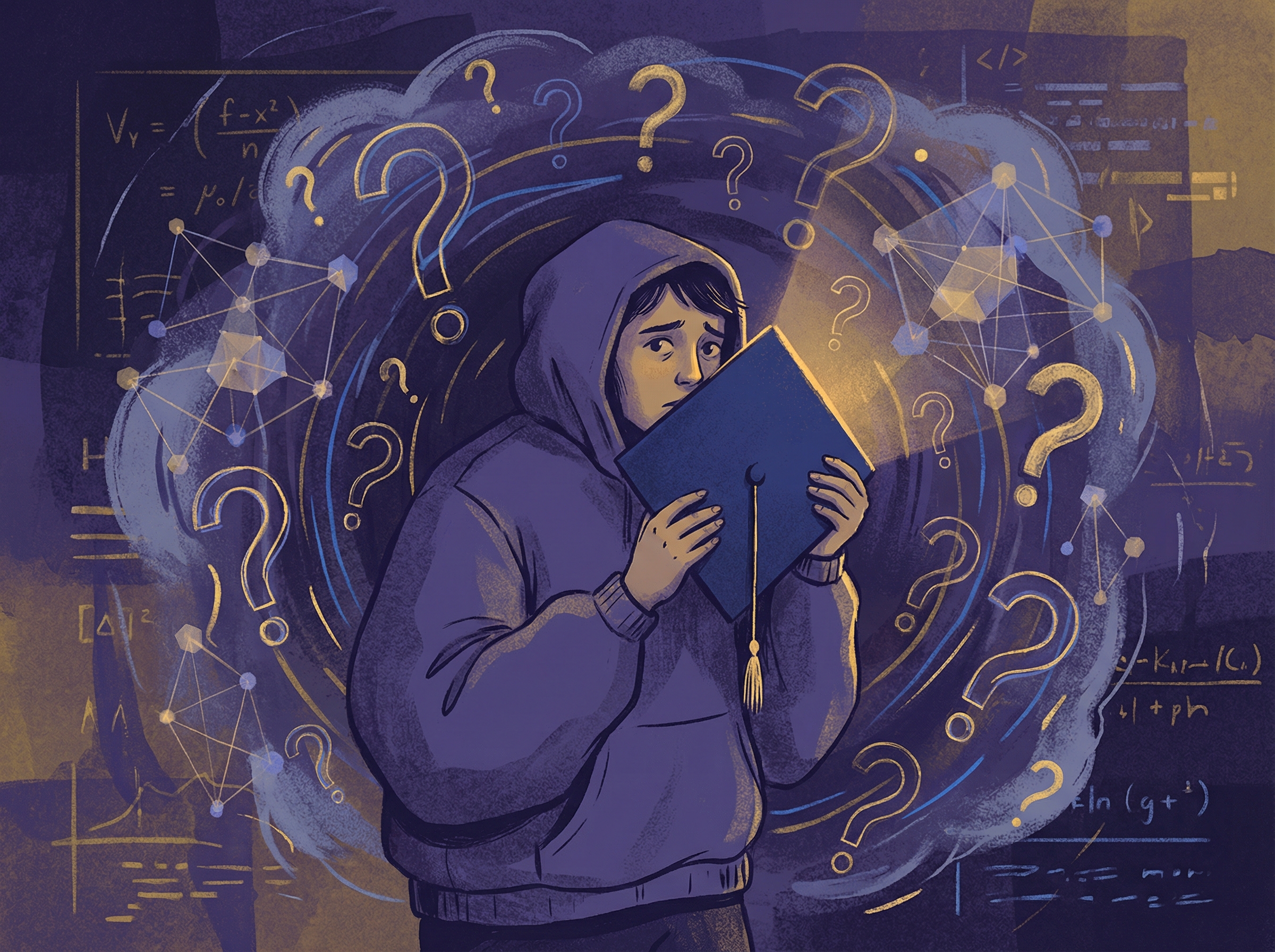 Anxious student surrounded by AI neural networks and question marks