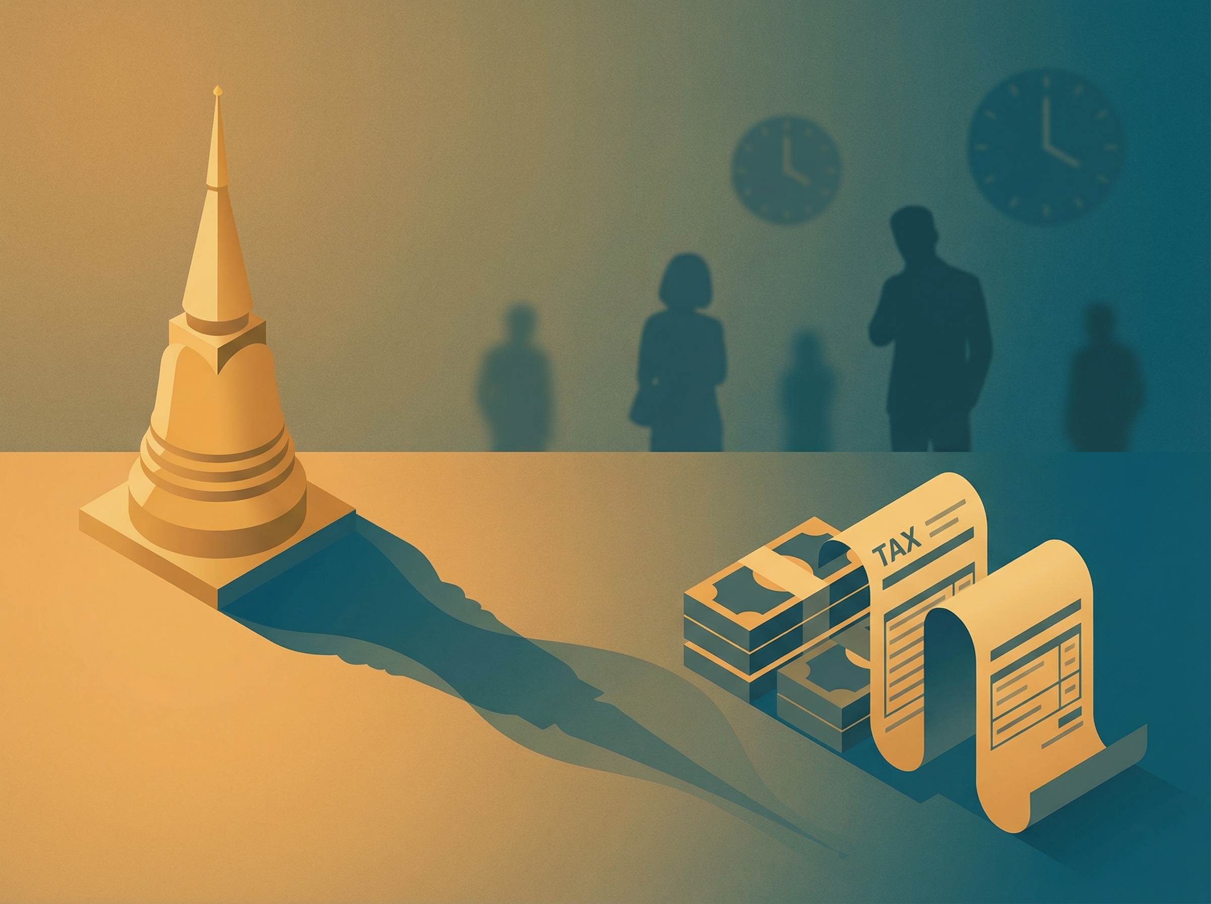 Golden Thai temple spire casting shadow over stacked currency, symbolizing tax uncertainty