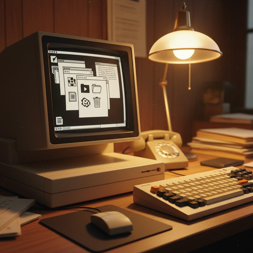 Close-up of a 1970s Alto workstation with bitmap display showing windows and icons