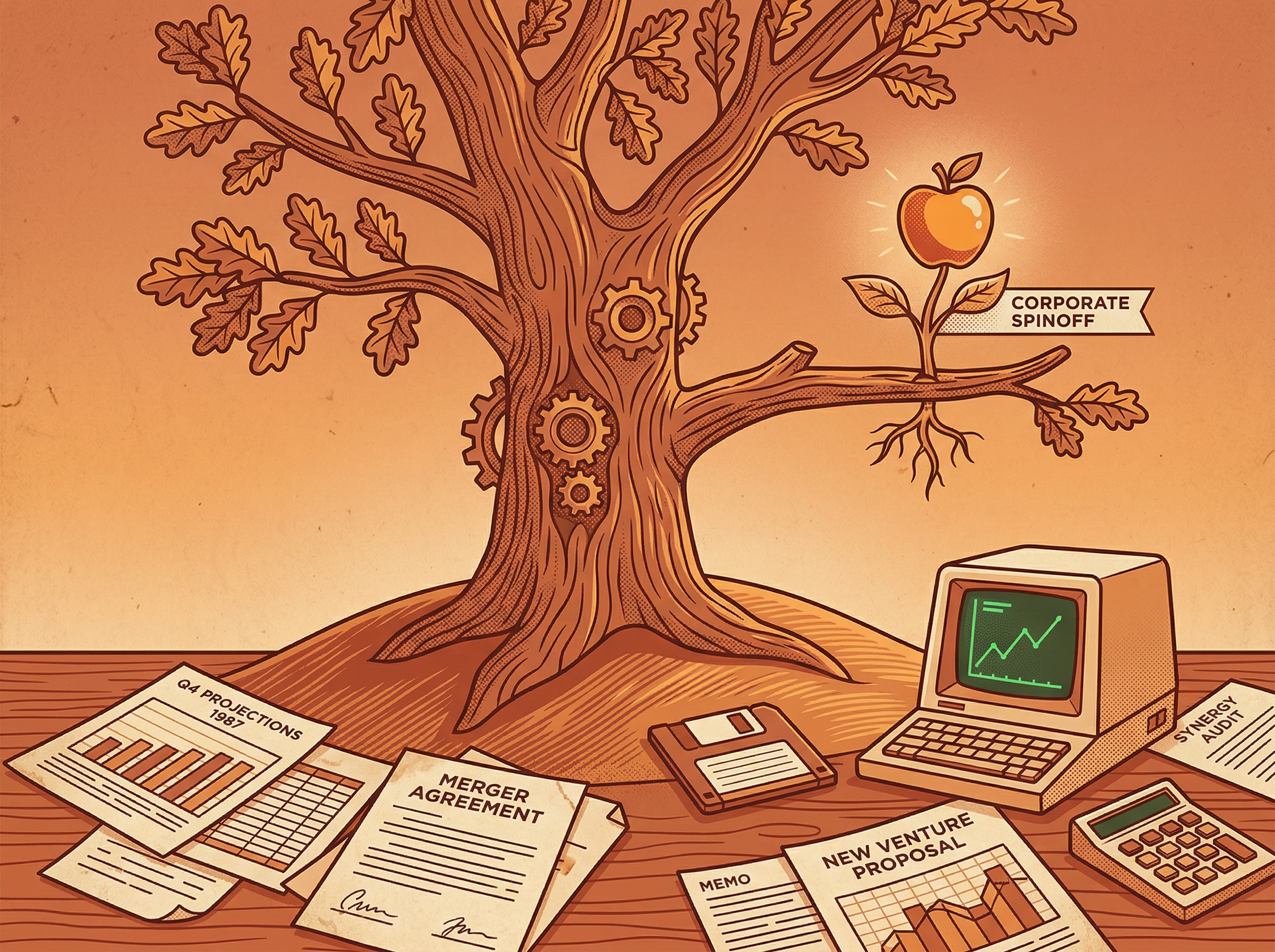 A seedling growing from a larger tree, bearing apple-shaped fruit, symbolizing the Claris spinoff