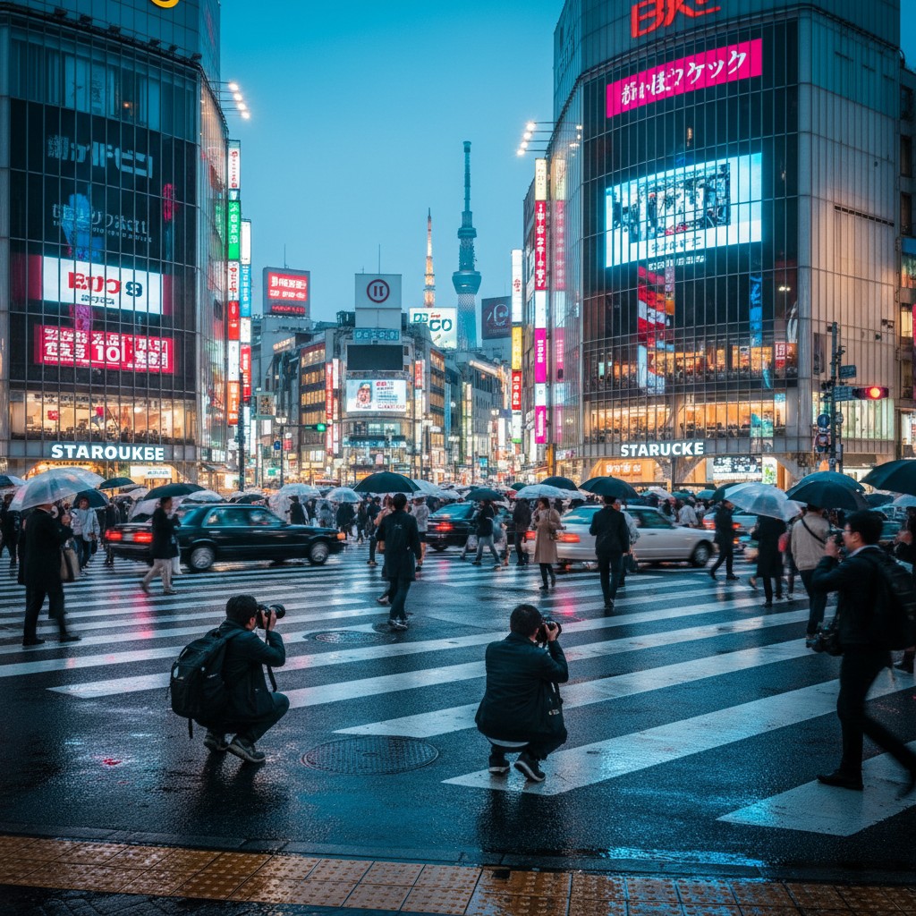 Neon-drenched Shibuya crossing at twilight with photographers capturing the disappearing old Tokyo
