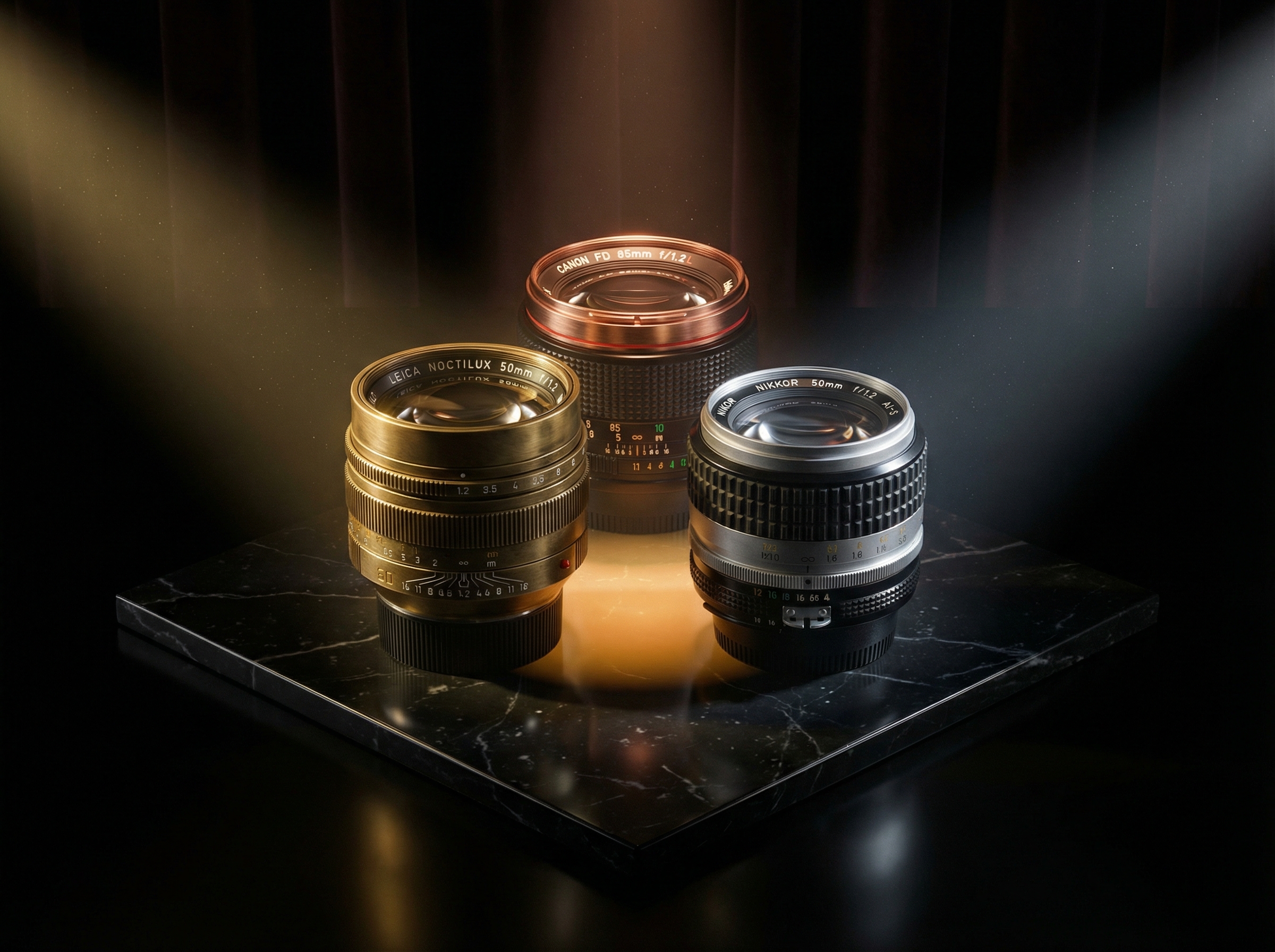 Three legendary lenses arranged in triangle formation, representing the Noctilux trinity
