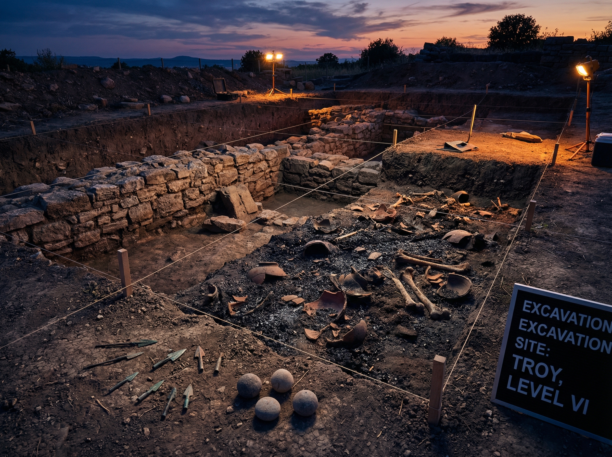 Archaeological excavation at Troy showing destruction layer with ancient weapons