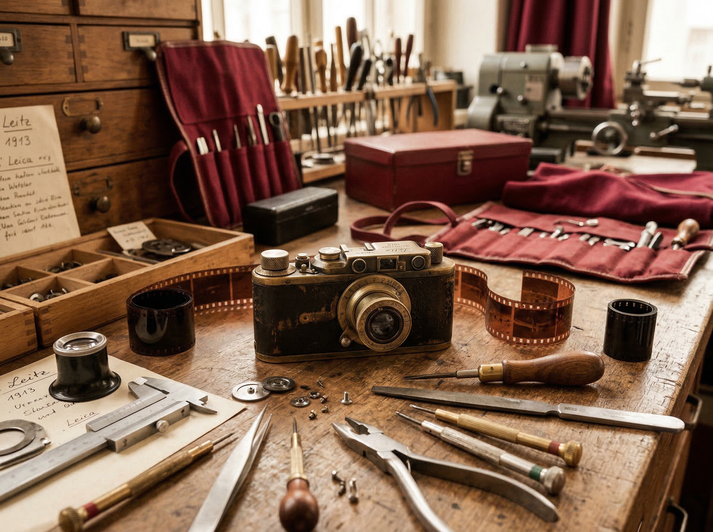 The Ur-Leica prototype camera from 1913, a tiny brass and leather device on a German workshop bench surrounded by precision tools