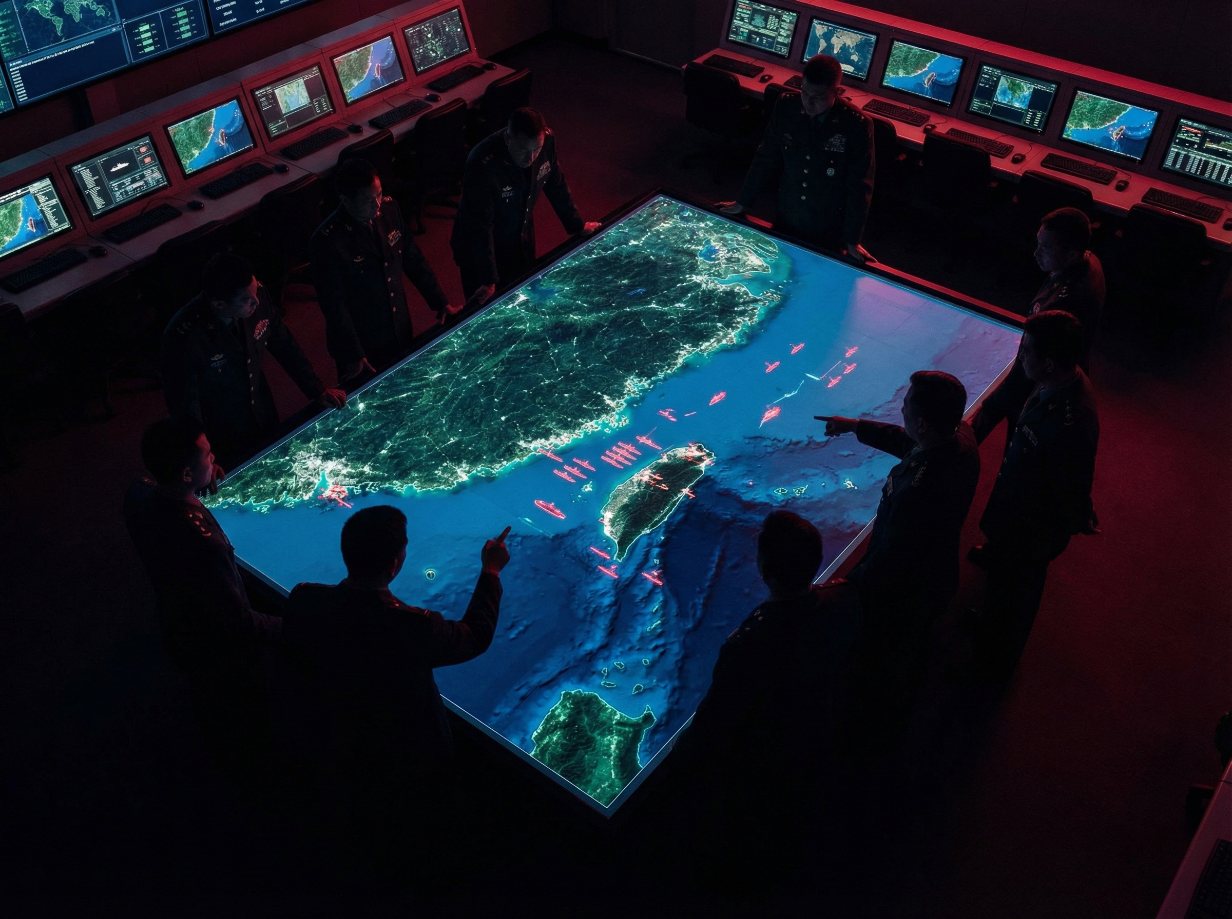 Aircraft carrier battle group steaming through Pacific waters toward a distant island at sunset