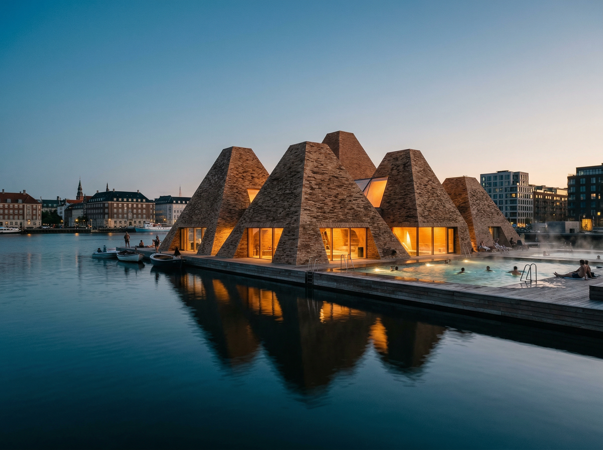 The Water Culture House on Paper Island with pyramid-shaped brick architecture reflecting in Copenhagen's harbor