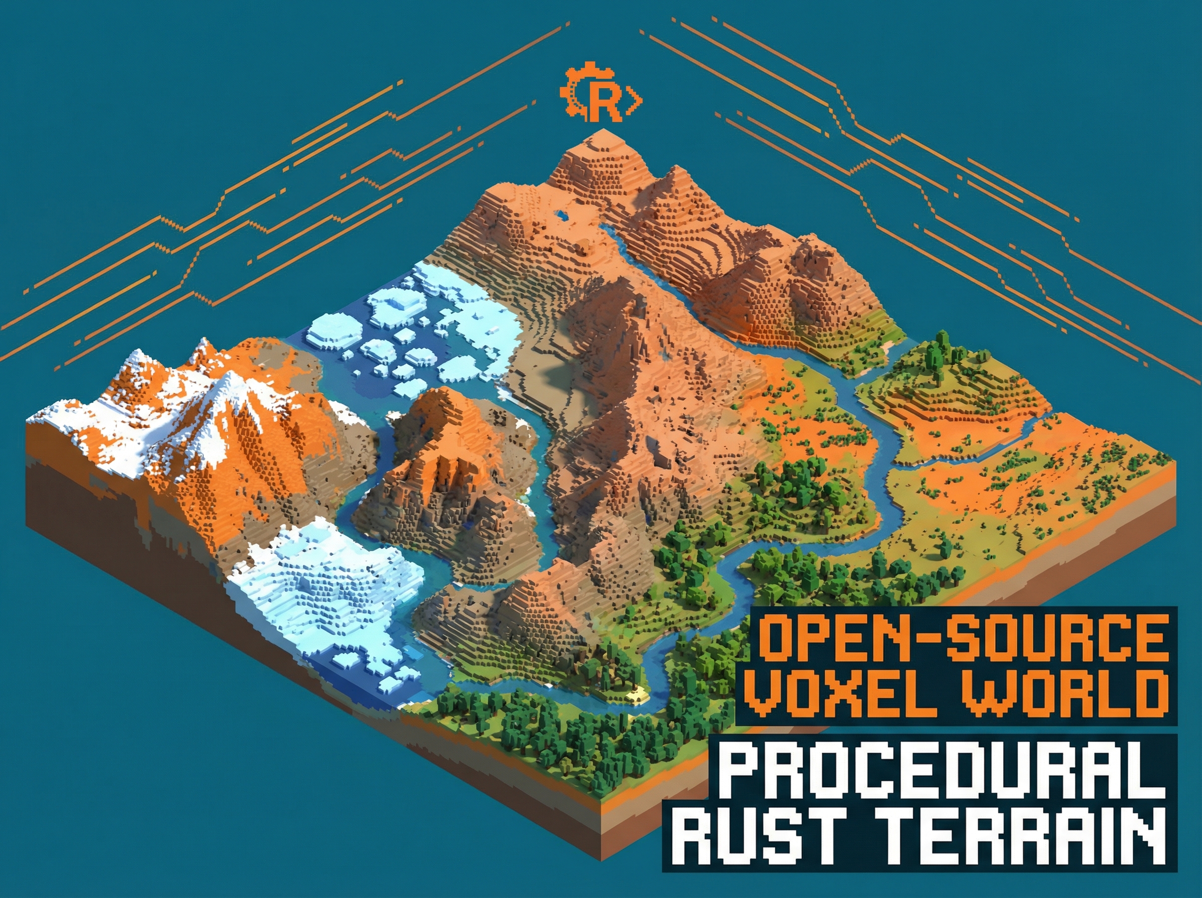 Voxel world with procedurally generated mountains shaped by simulated erosion