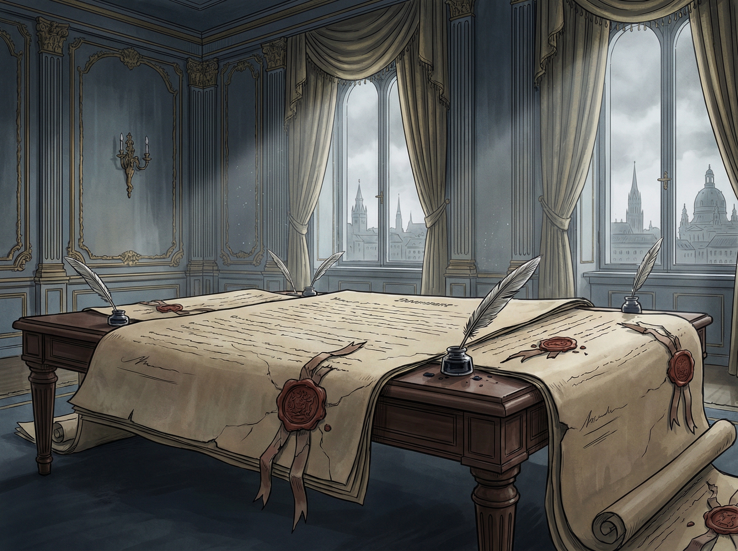 Ornate diplomatic hall with a massive treaty document on a table, cracking red wax seals, and a distant German cityscape through tall windows
