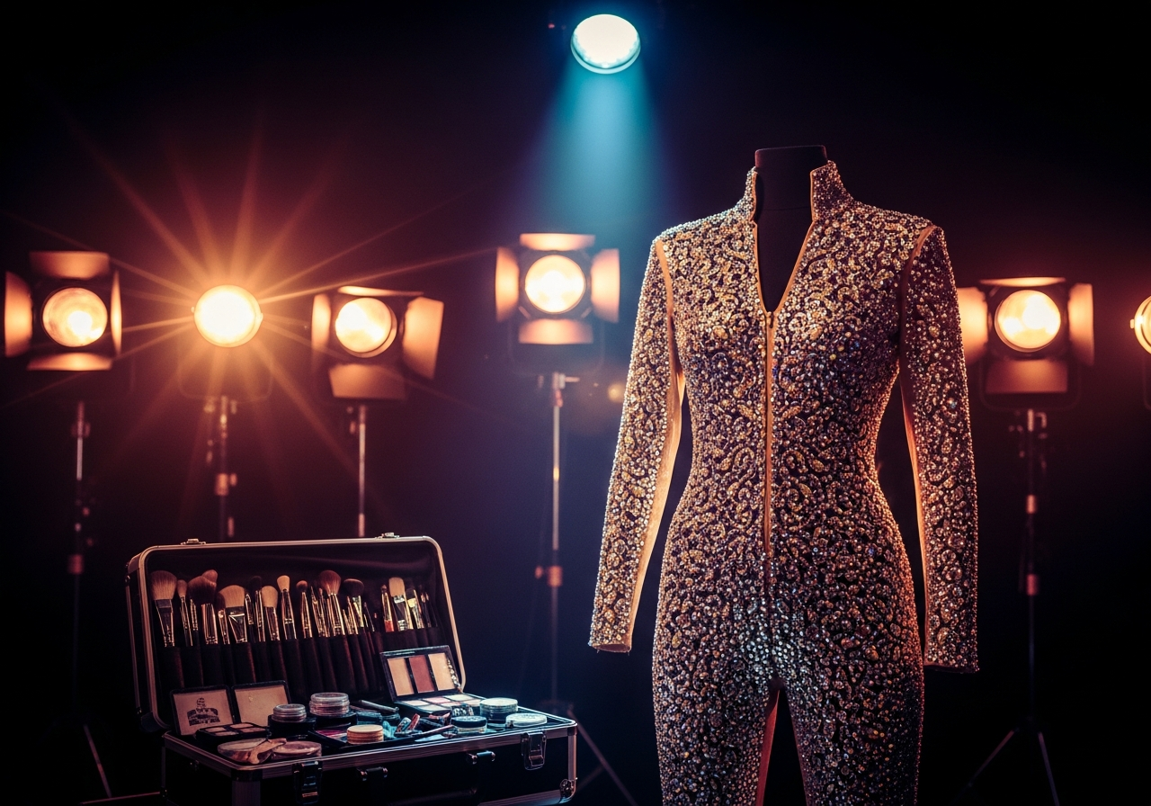 Stage spotlight illuminating rhinestone jumpsuit with prosthetic makeup kit, dramatic gold and purple lighting