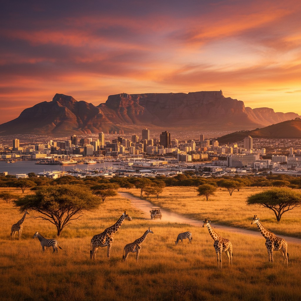 Cape Town and Table Mountain with safari landscapes, representing South Africa's open borders