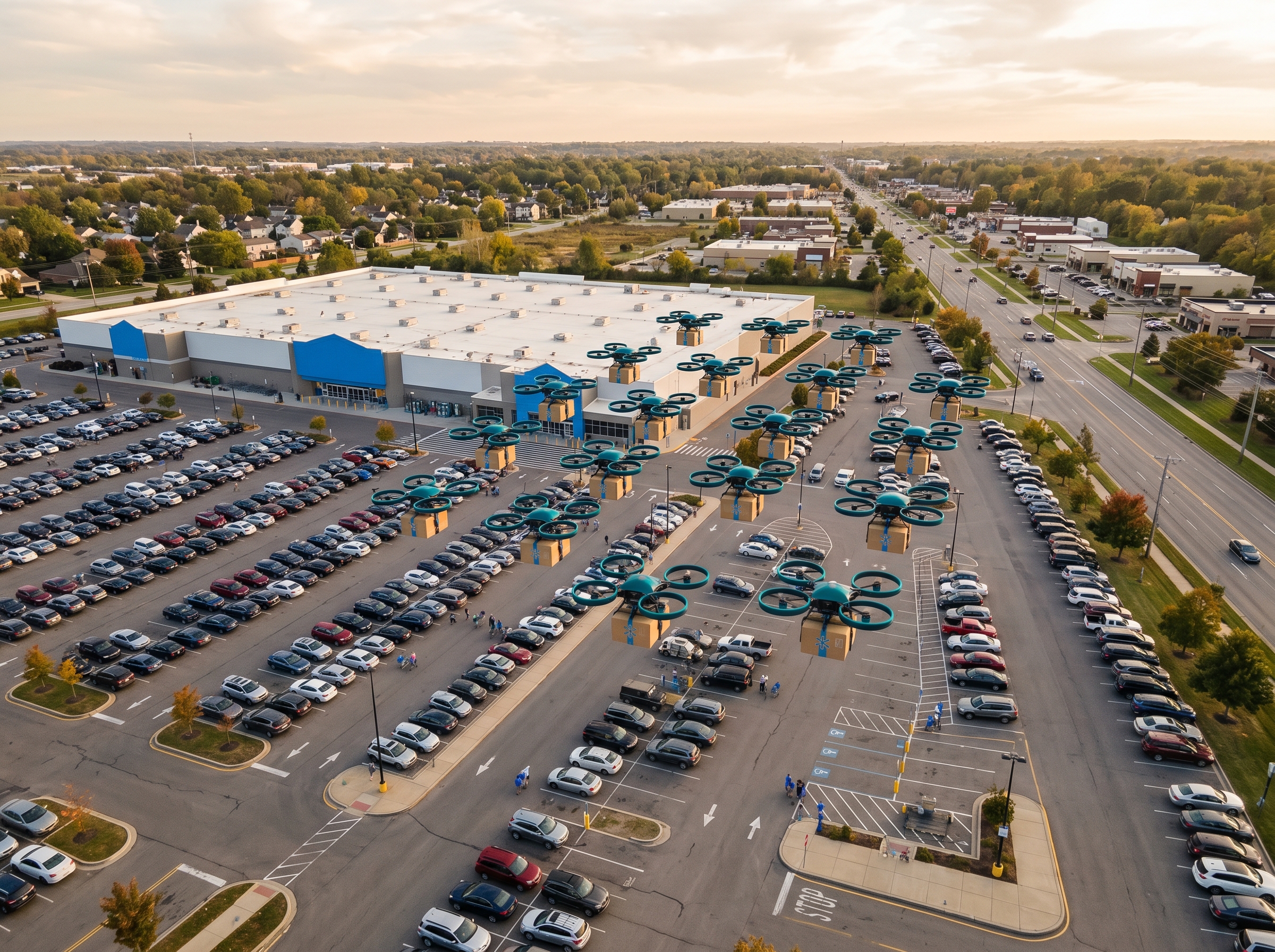 Multiple delivery drones launching from a Walmart Supercenter