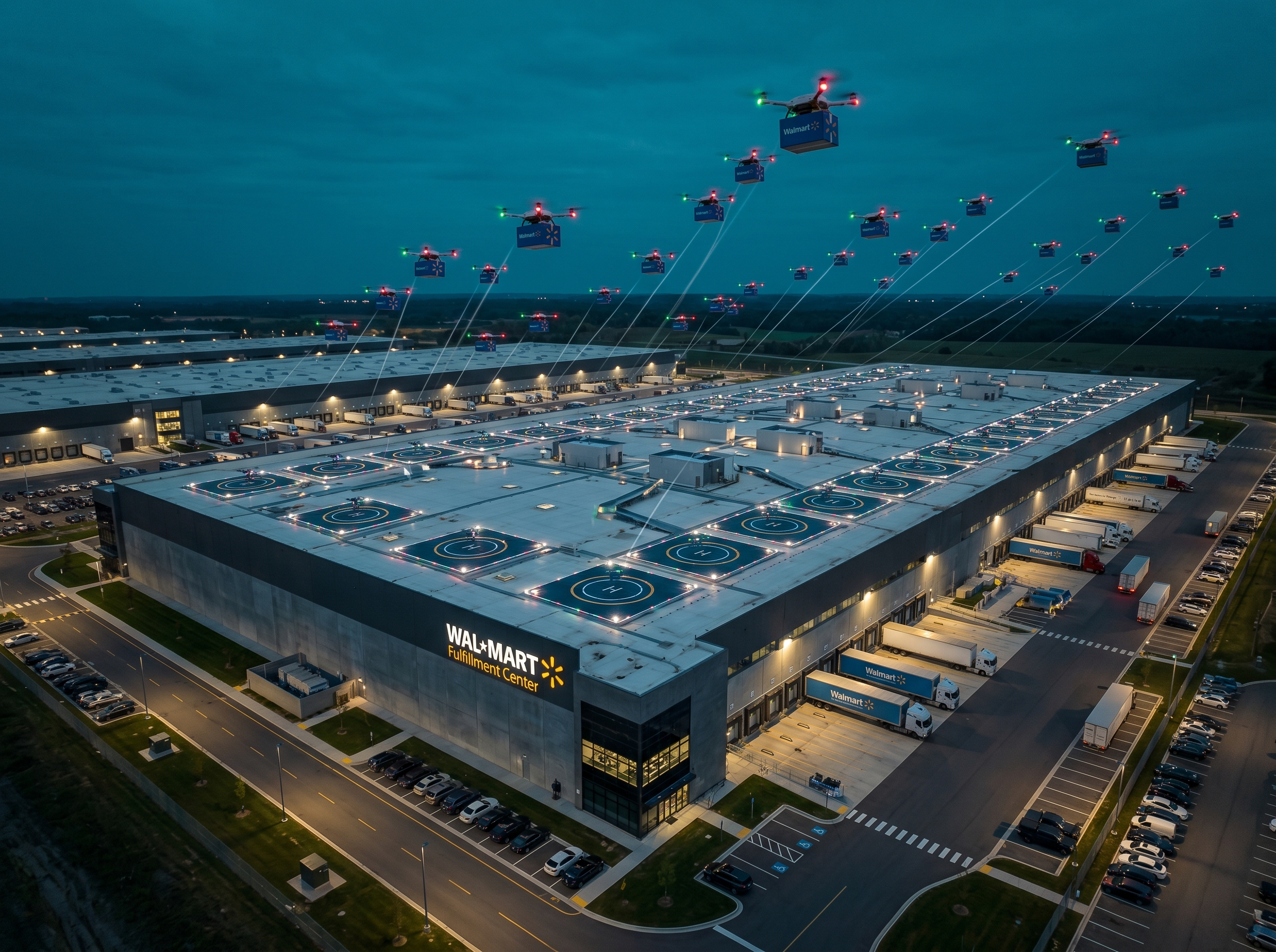Aerial view of a Walmart fulfillment center with delivery drones launching from rooftop pads