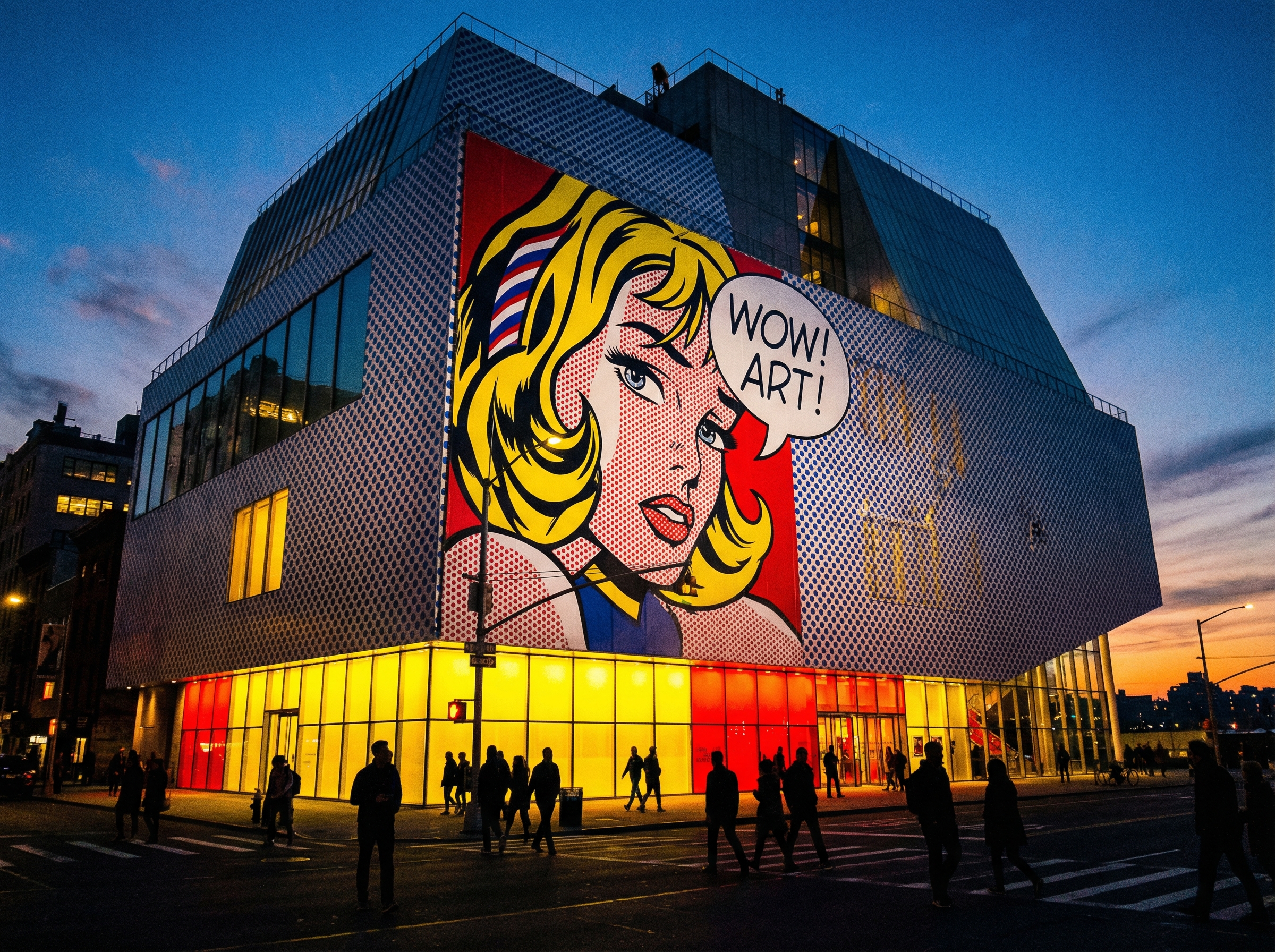 Museum exterior at dusk with massive pop art banner, pedestrians silhouetted against warm primary color glow