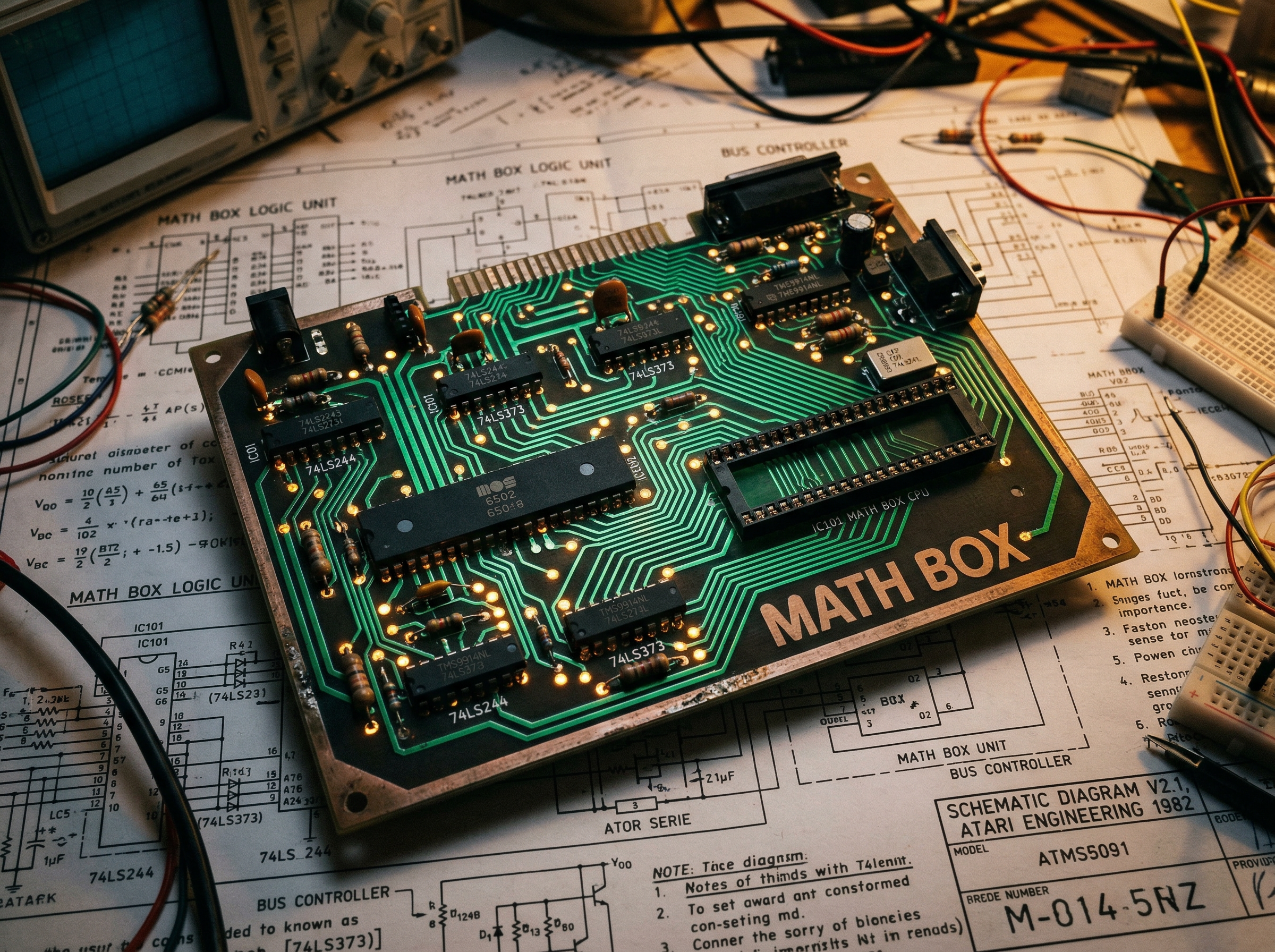 Close-up of custom circuit board with glowing green traces and engineering schematics, evoking the Battlezone Math Box processor