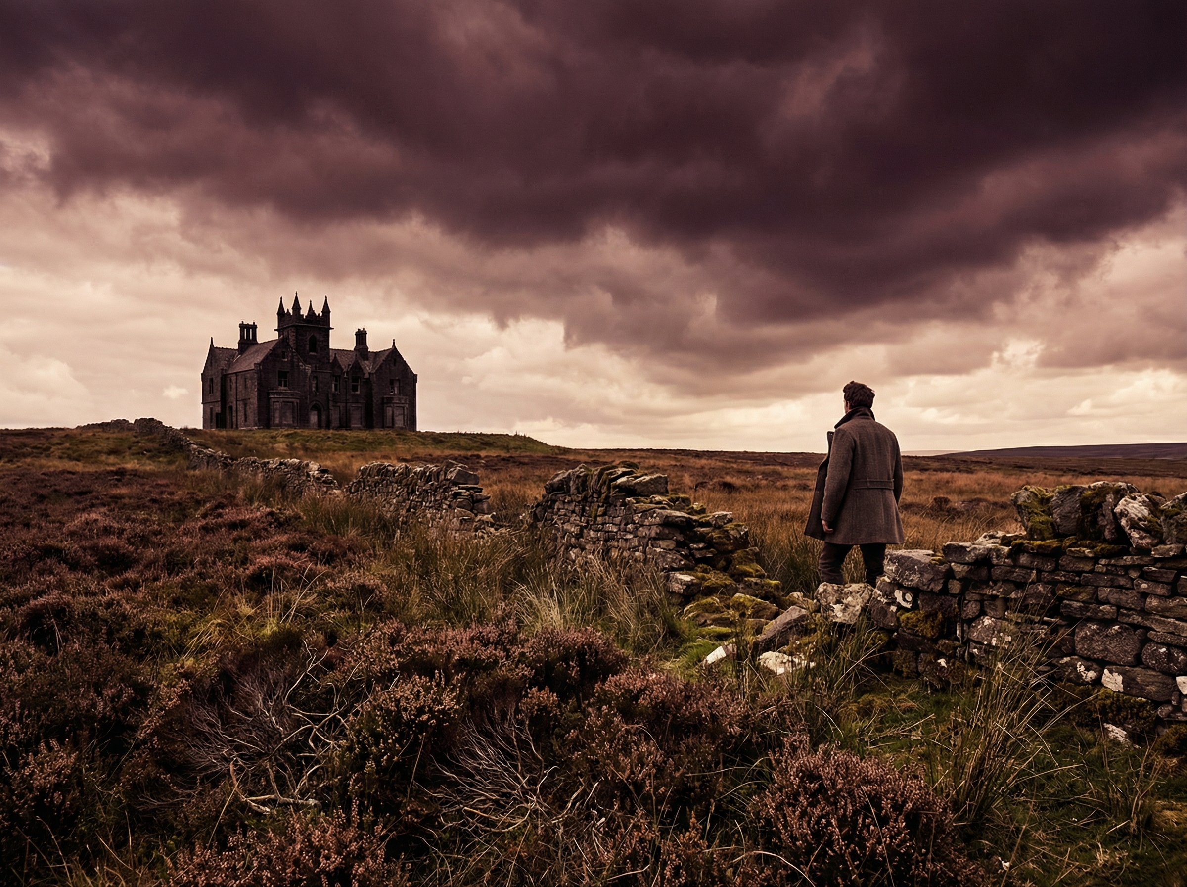 Windswept moorland with Gothic manor silhouette on the horizon