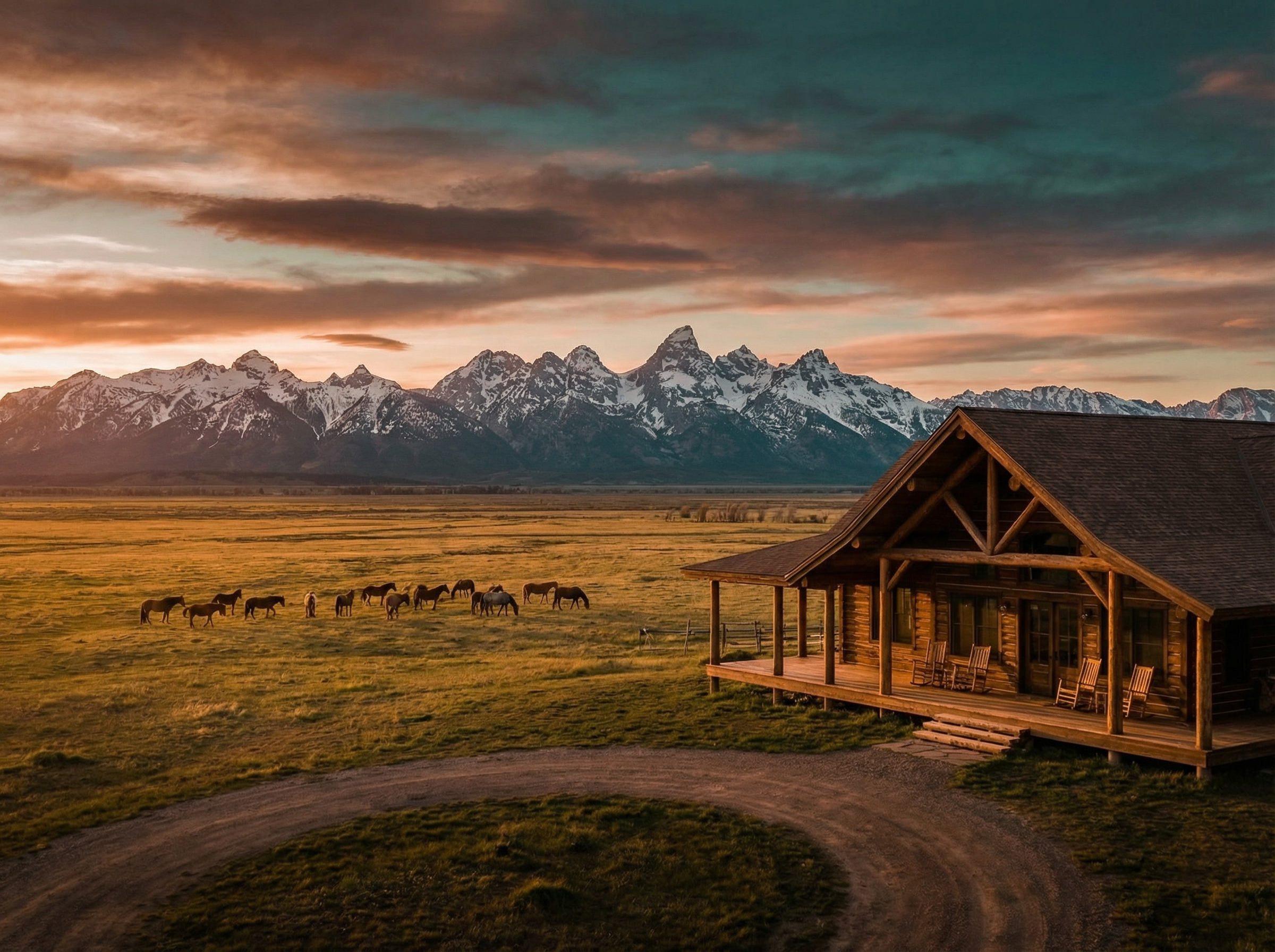 Majestic Wyoming landscape with Grand Teton mountains and ranch home