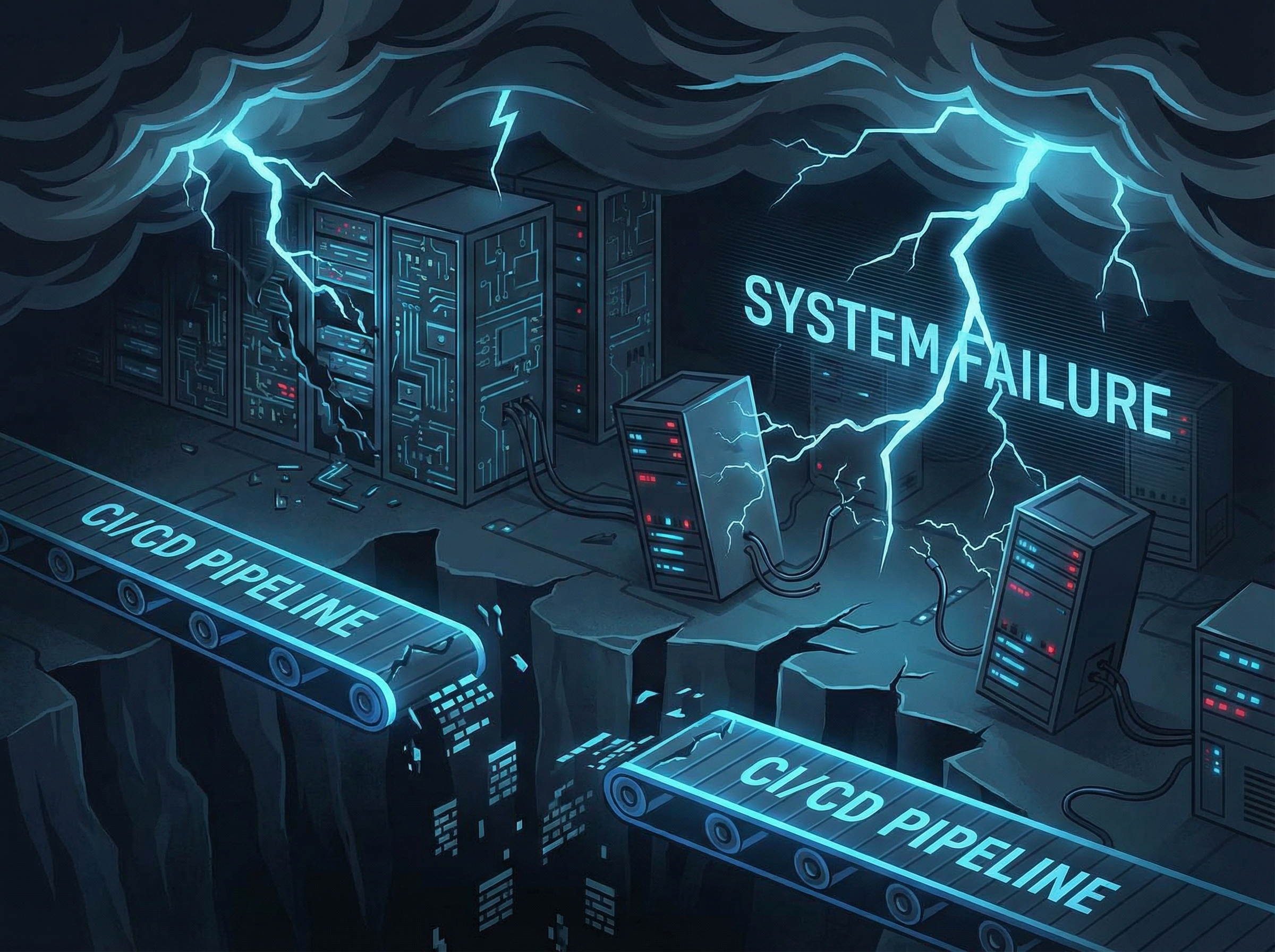 Digital storm clouds with lightning, representing cloud infrastructure failure