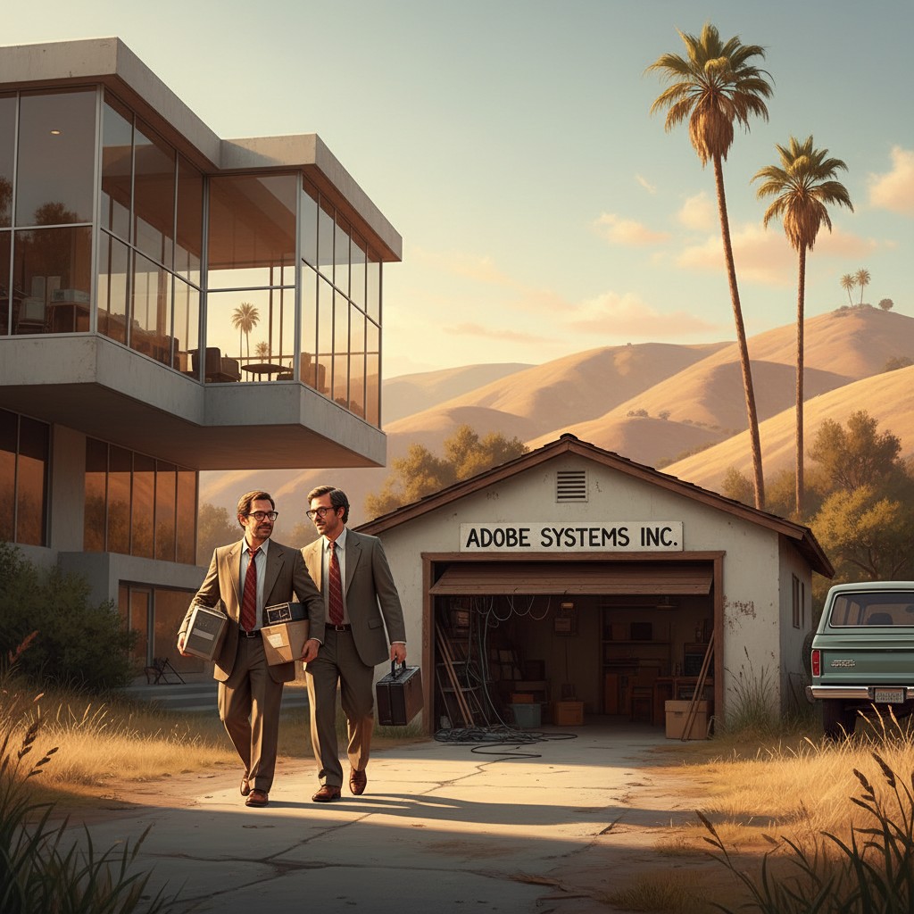 Two researchers leaving a modernist Xerox PARC campus toward a small Adobe Systems garage office in golden California sunlight